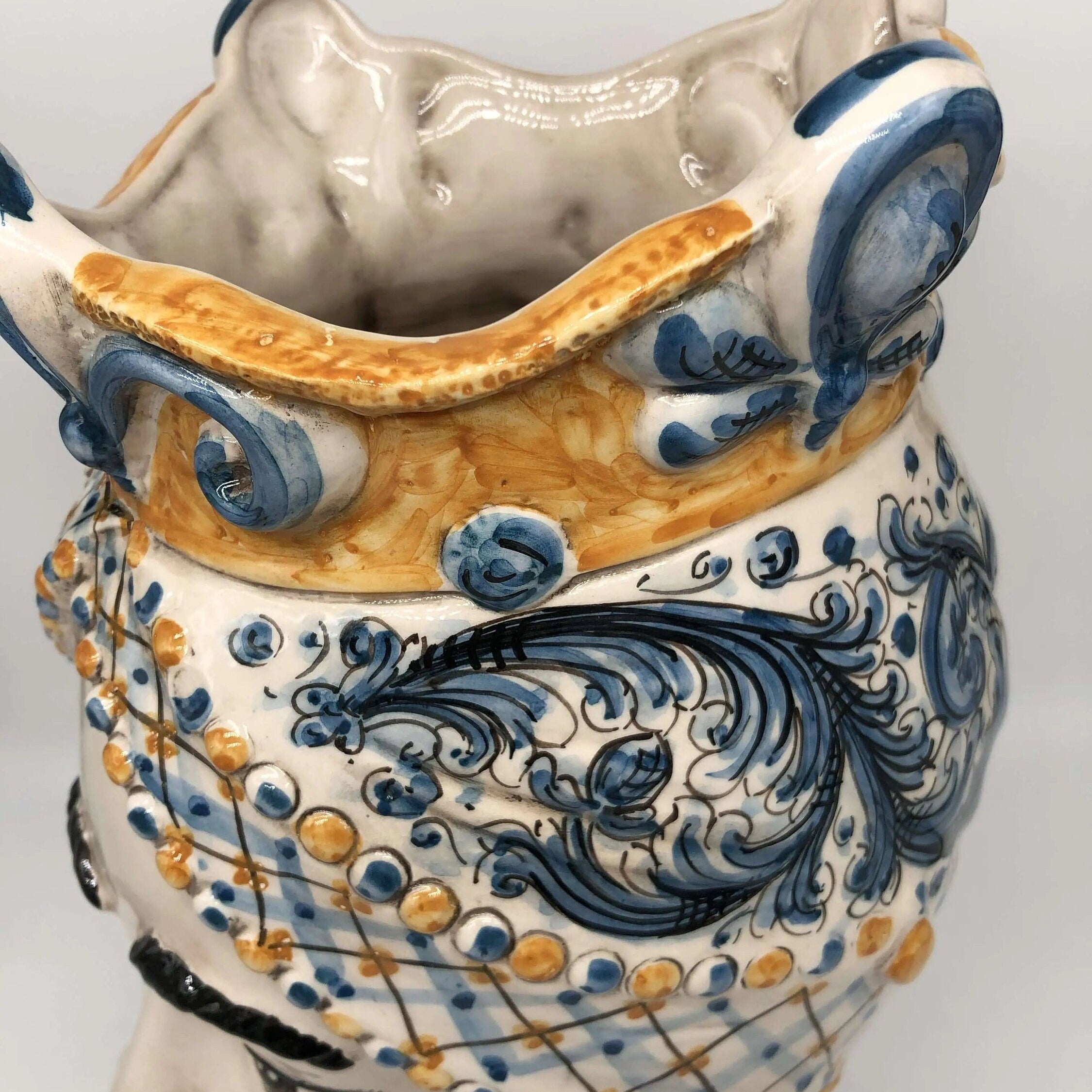 Teste di Moro Saturno Ceramica Caltagirone cm H.37 L.22 Artigianale Barocco Ocra Blu DD CERAMICHE SICILIANE