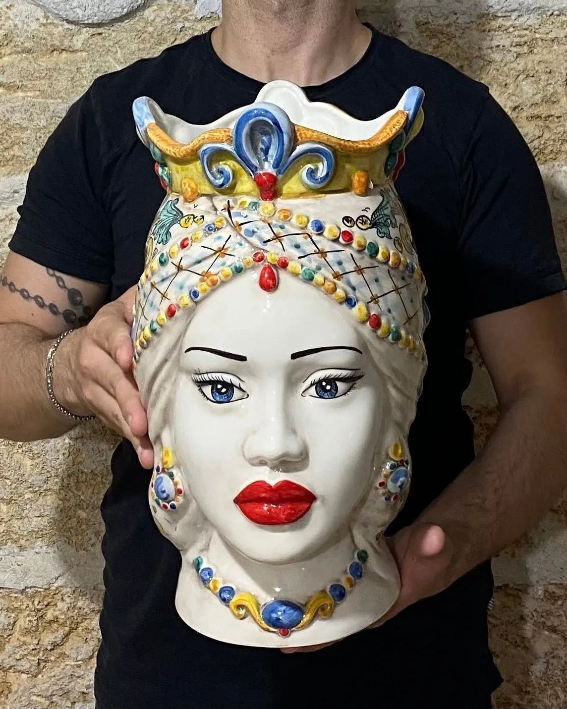 Teste di Moro Saturno Ceramica Caltagirone cm H.37 L.22 Artigianale Decoro Siciliano DD CERAMICHE SICILIANE