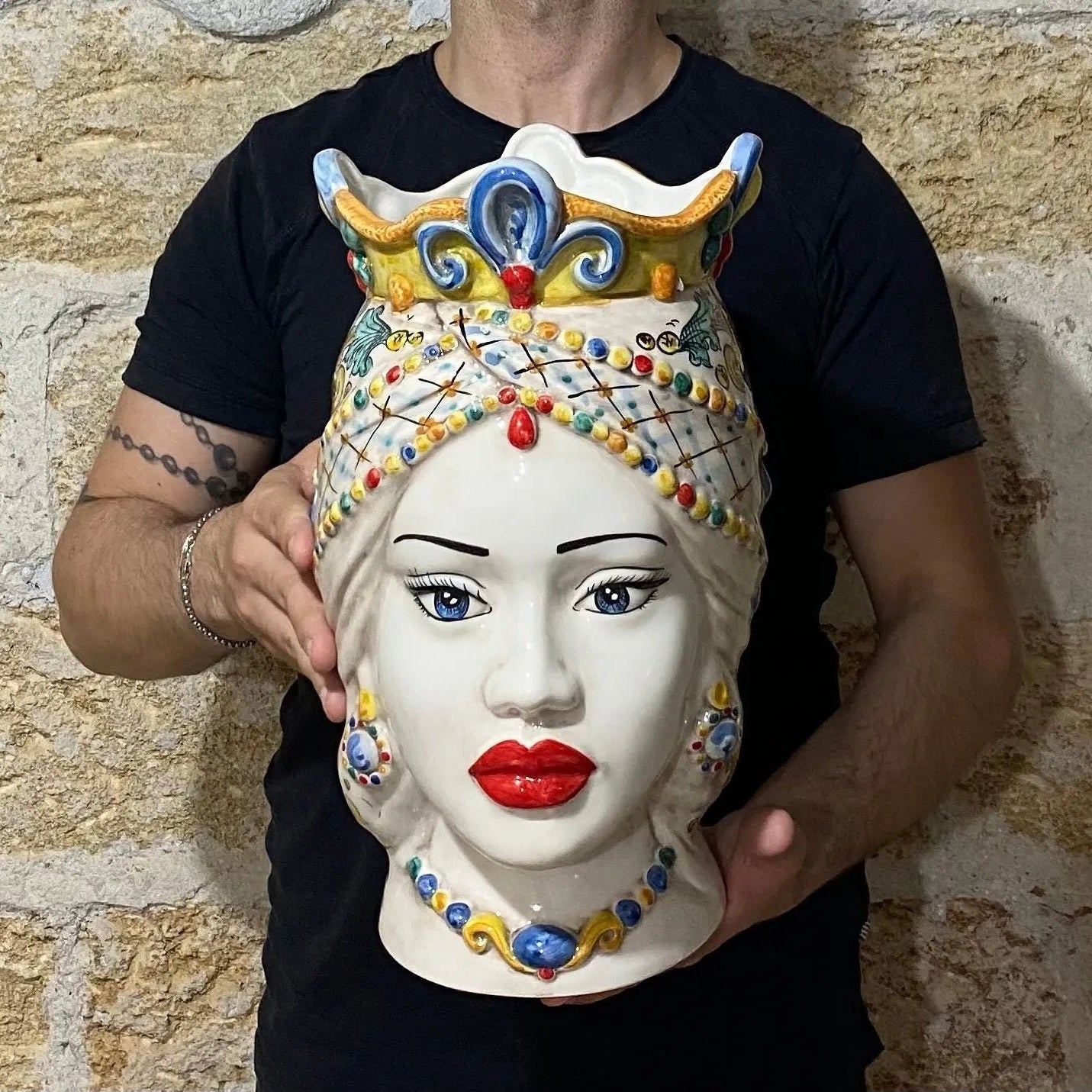 Teste di Moro Saturno Ceramica Caltagirone cm H.37 L.22 Artigianale Decoro Siciliano DD CERAMICHE SICILIANE