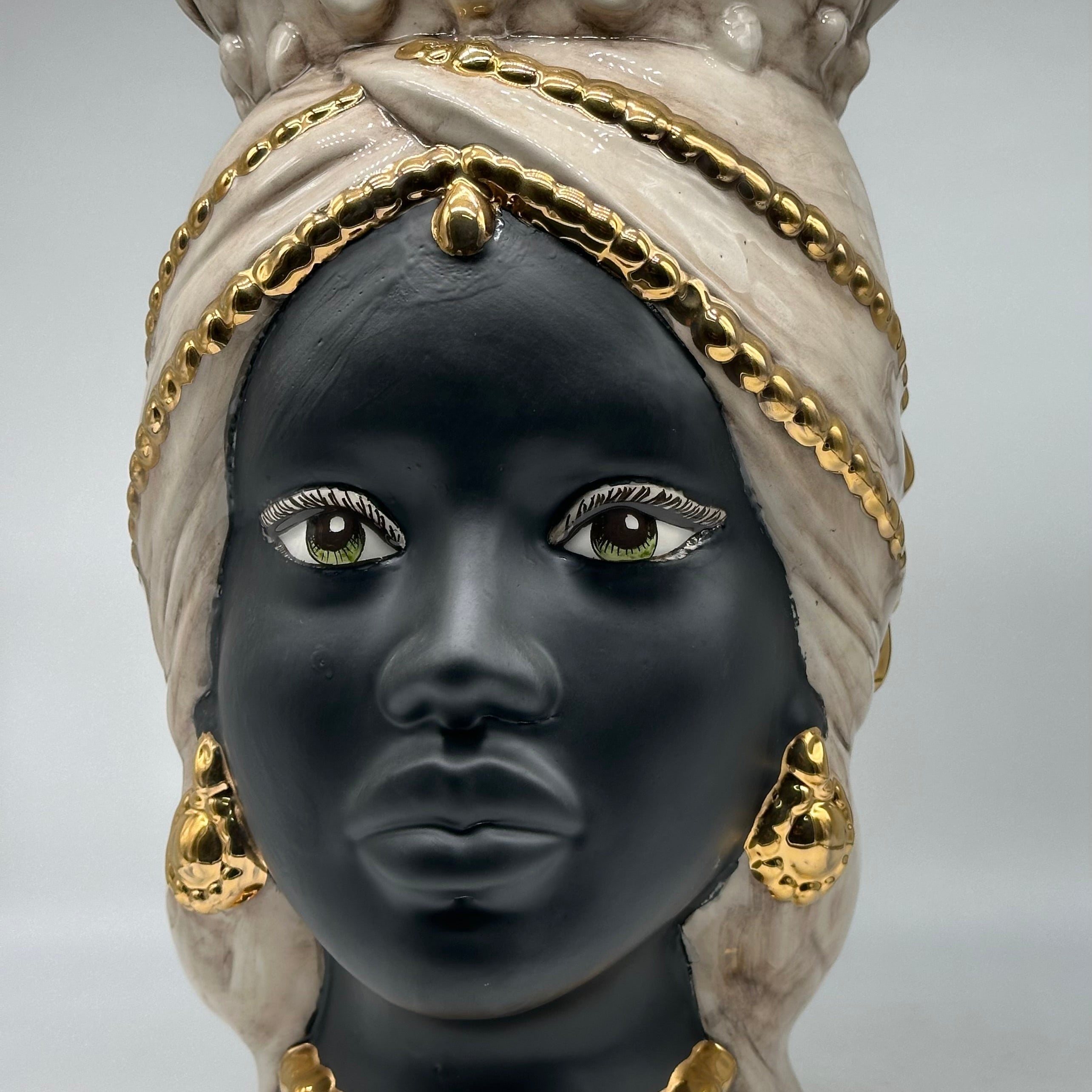 Teste di Moro Saturno Ceramica Caltagirone cm H.37 L.22 Artigianale Beige Oro - TESTE DI MORO