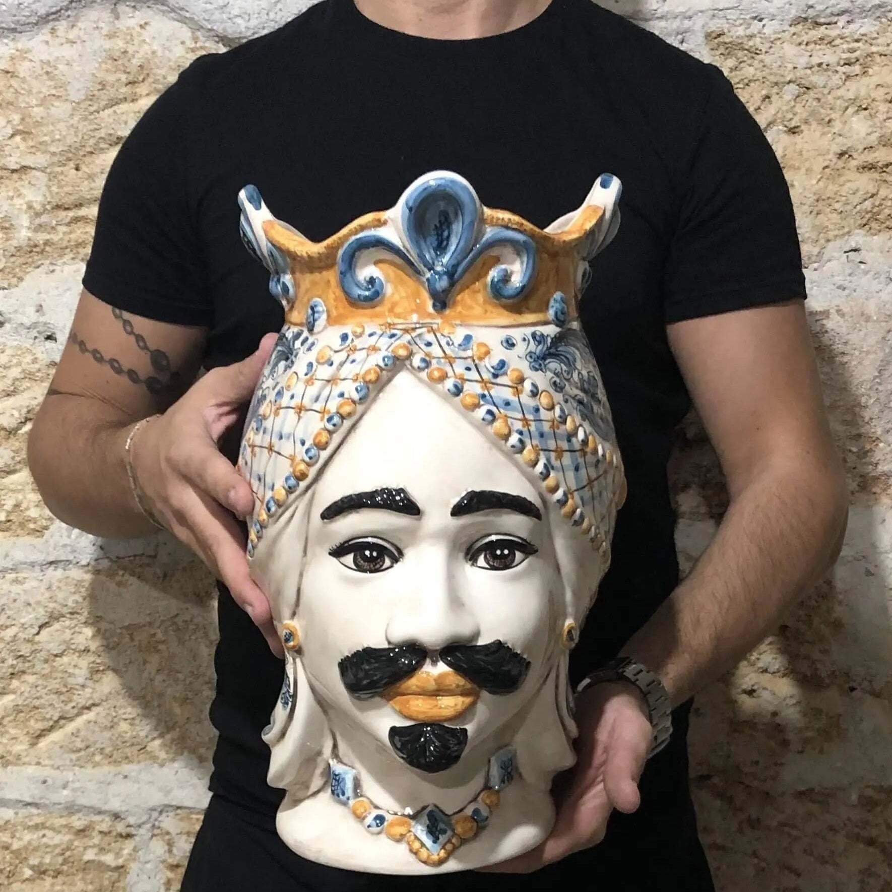 Teste di Moro Saturno Ceramica Caltagirone cm H.37 L.22 Artigianale Barocco Ocra Blu DD CERAMICHE SICILIANE