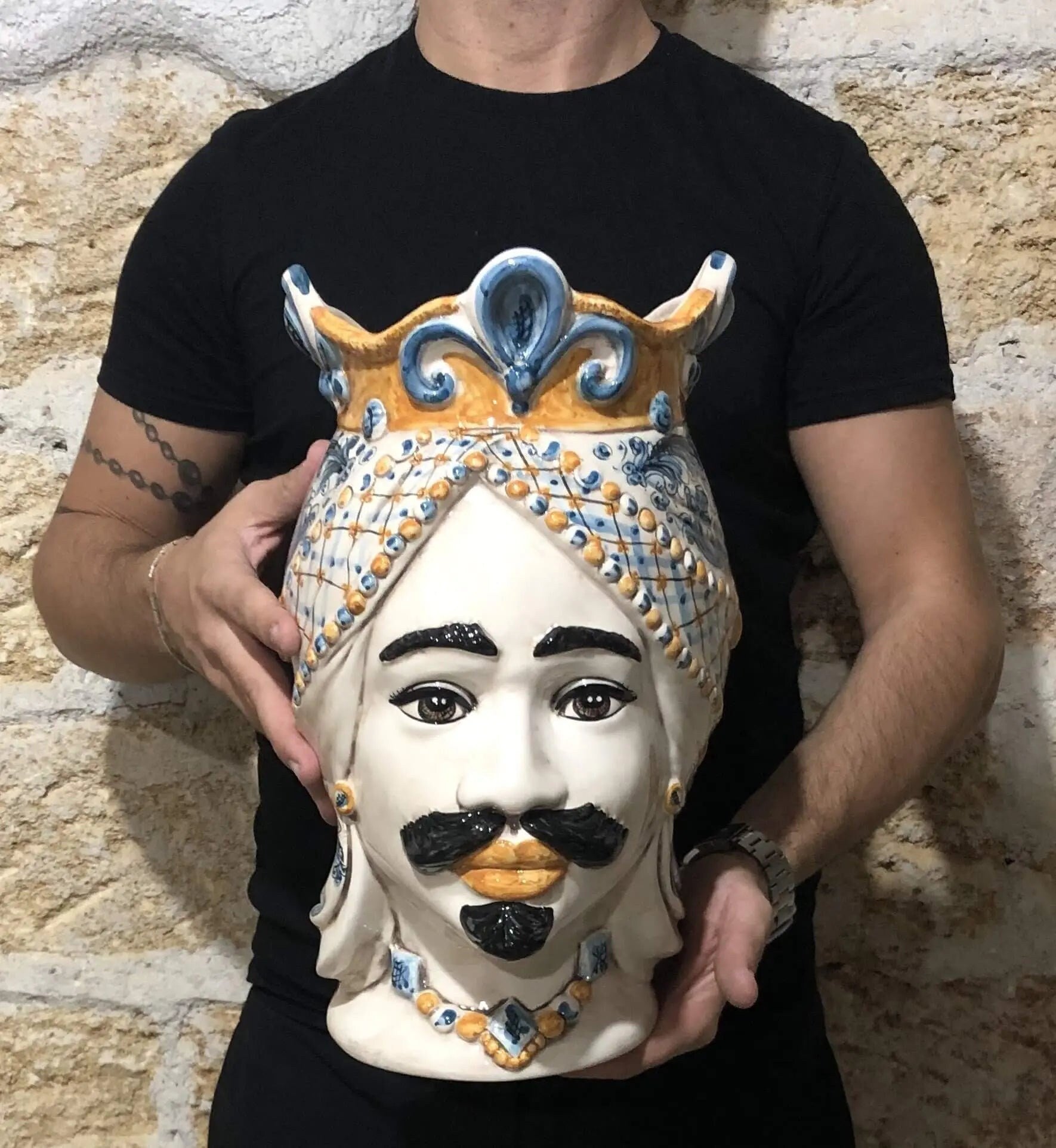 Teste di Moro Saturno Ceramica Caltagirone cm H.37 L.22 Artigianale Barocco Ocra Blu DD CERAMICHE SICILIANE
