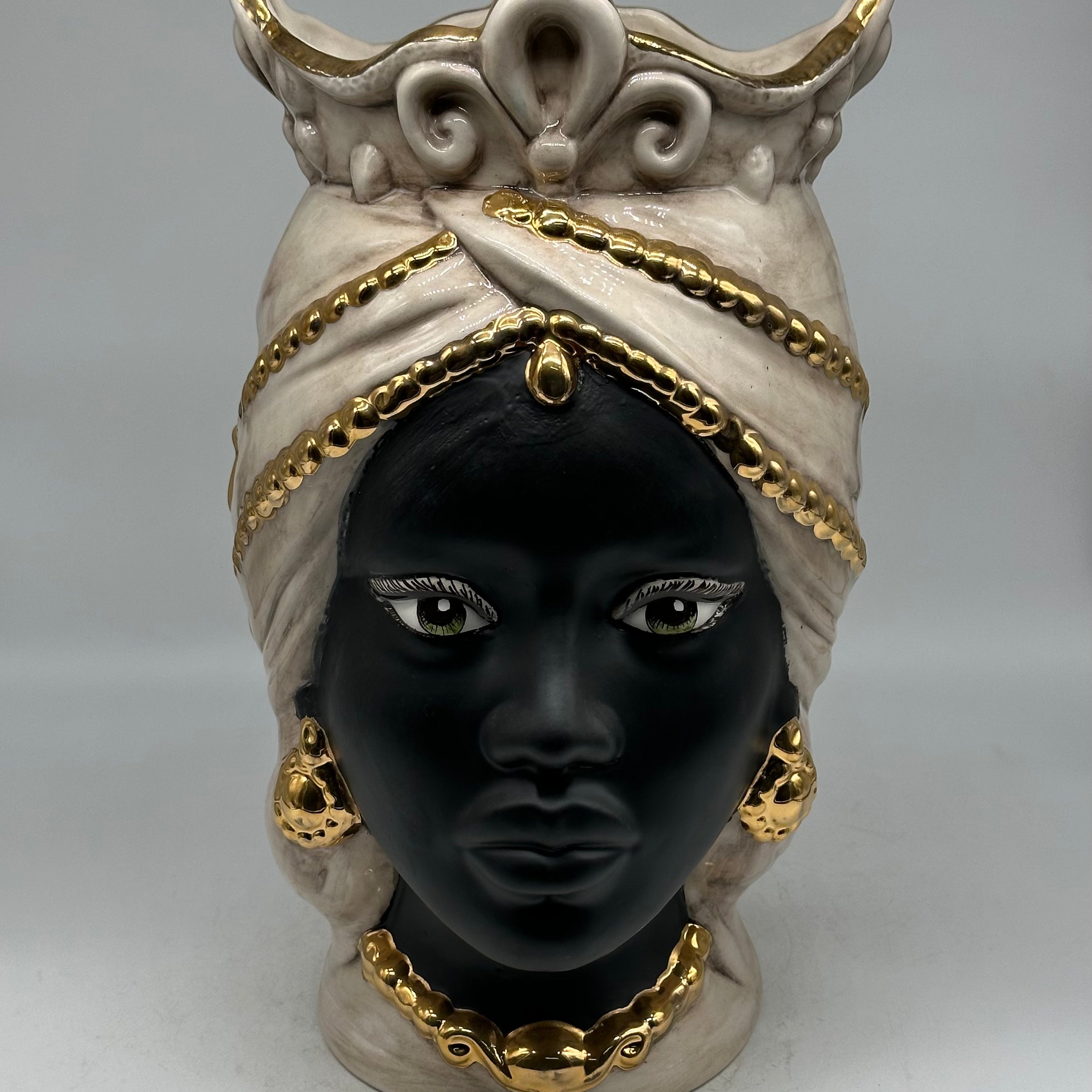 Teste di Moro Saturno Ceramica Caltagirone cm H.37 L.22 Artigianale Beige Oro - Regina - TESTE DI MORO