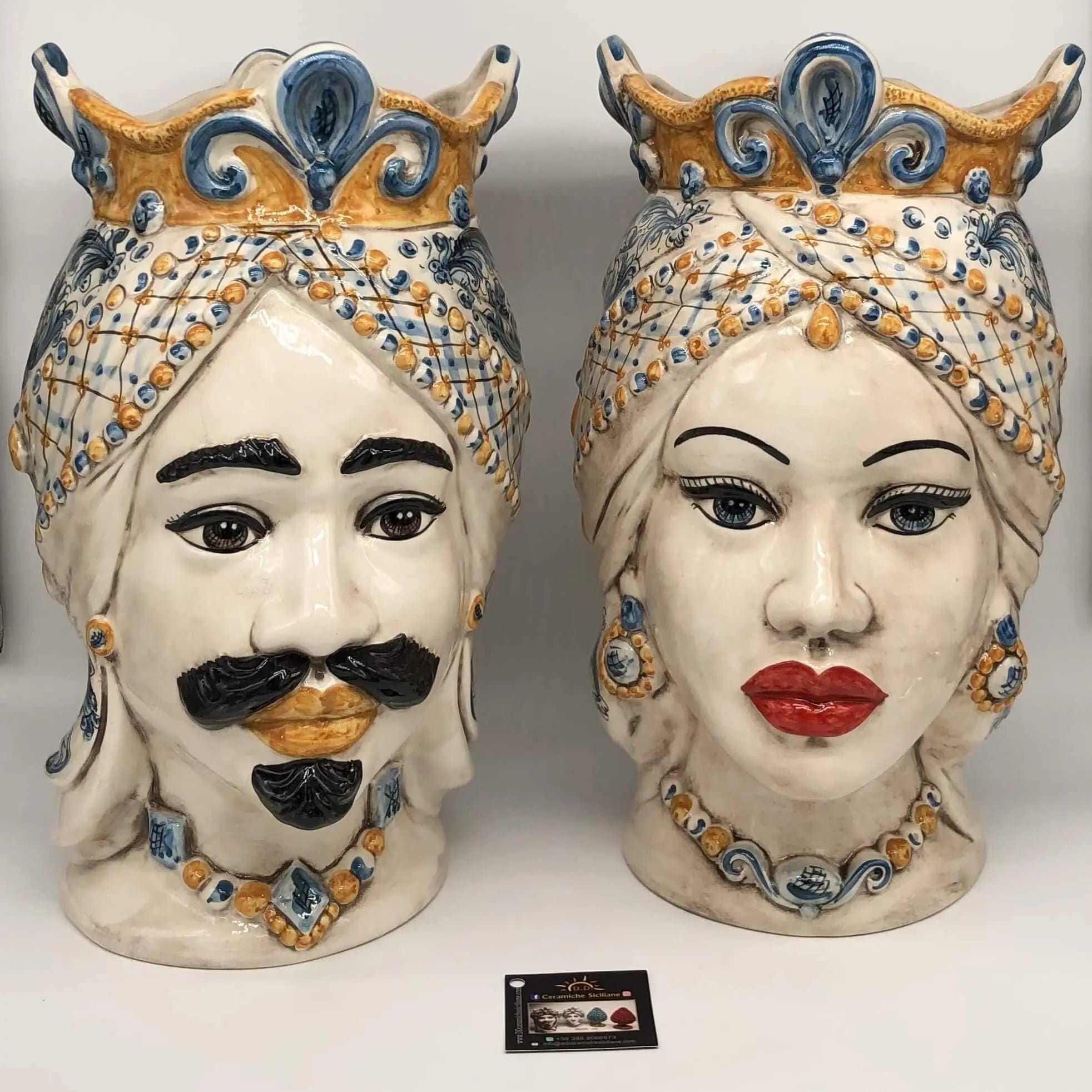 Teste di Moro Saturno Ceramica Caltagirone cm H.37 L.22 Artigianale Barocco Ocra Blu DD CERAMICHE SICILIANE