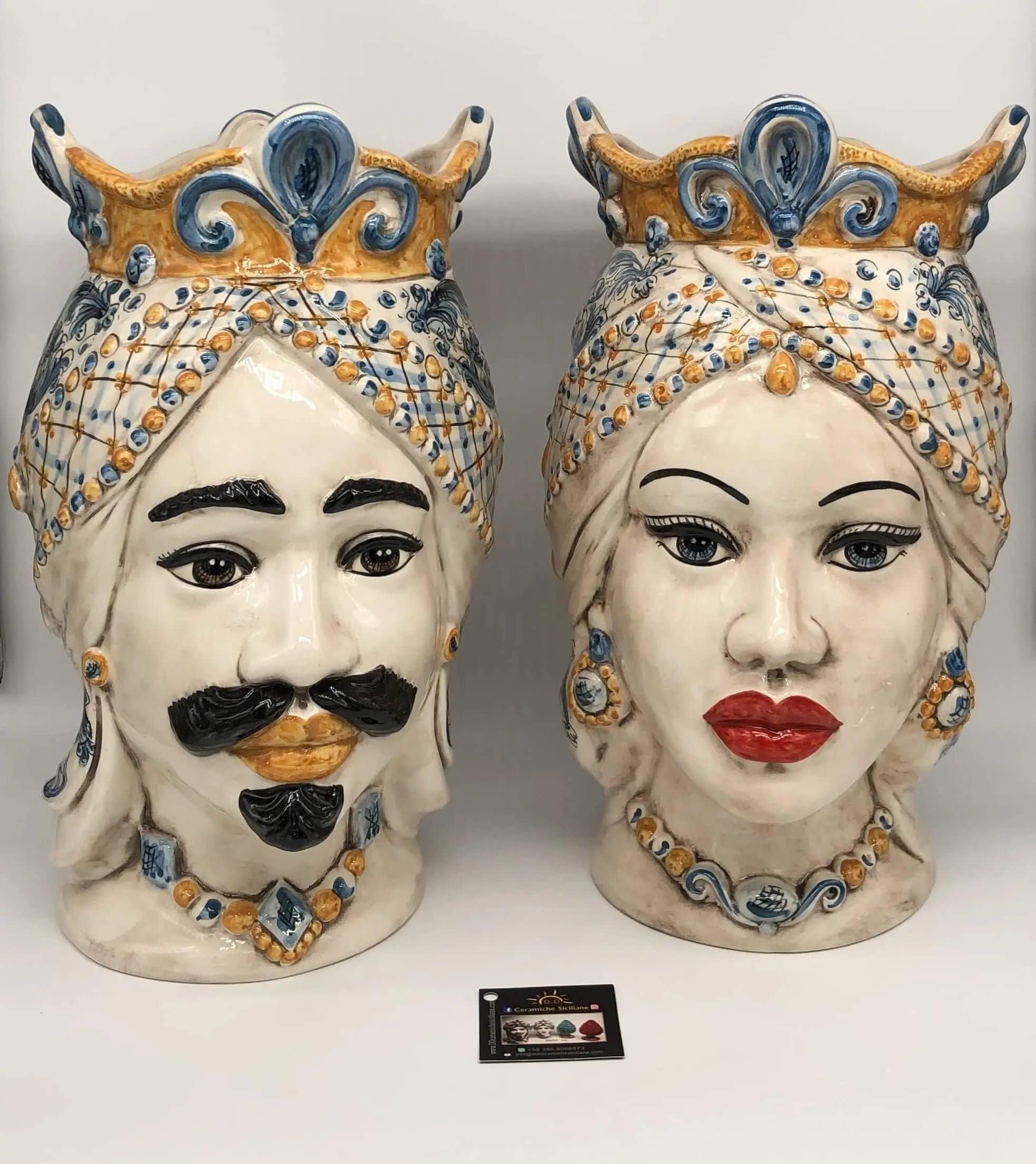 Teste di Moro Saturno Ceramica Caltagirone cm H.37 L.22 Artigianale Barocco Ocra Blu DD CERAMICHE SICILIANE