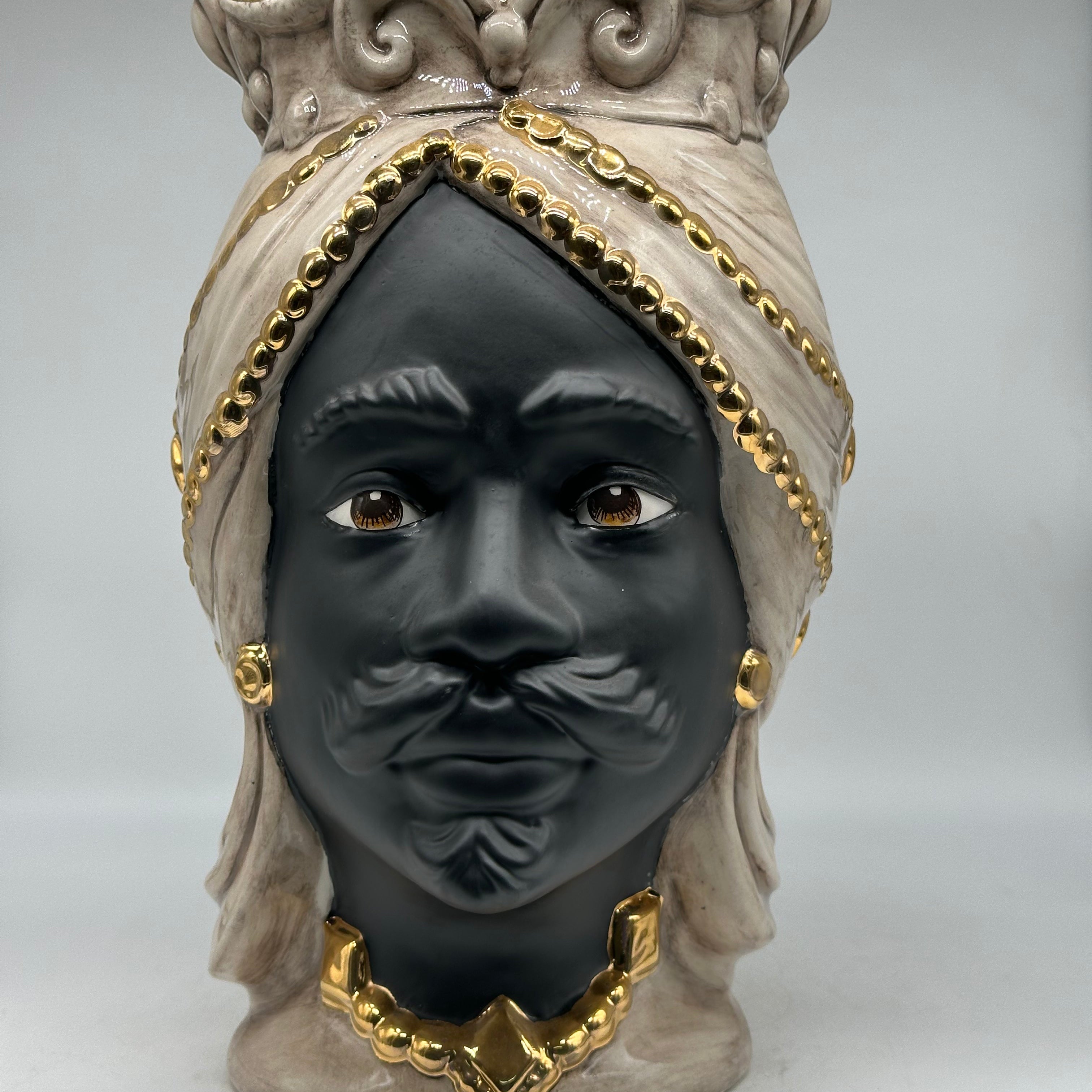 Teste di Moro Saturno Ceramica Caltagirone cm H.37 L.22 Artigianale Beige Oro - TESTE DI MORO