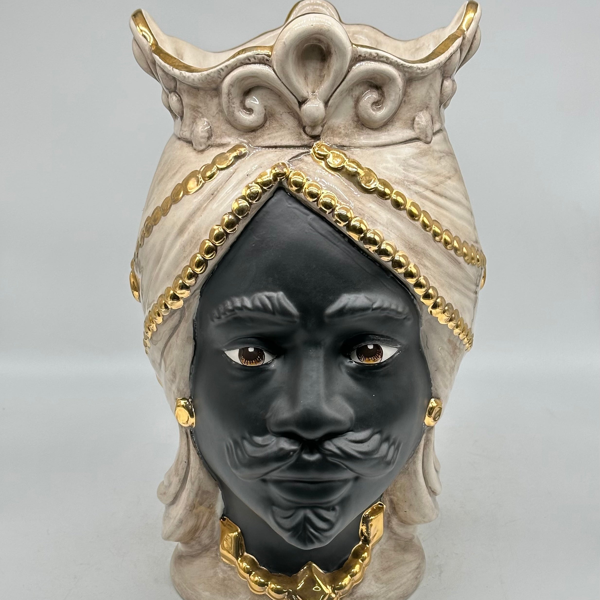 Teste di Moro Saturno Ceramica Caltagirone cm H.37 L.22 Artigianale Beige Oro - Re - TESTE DI MORO