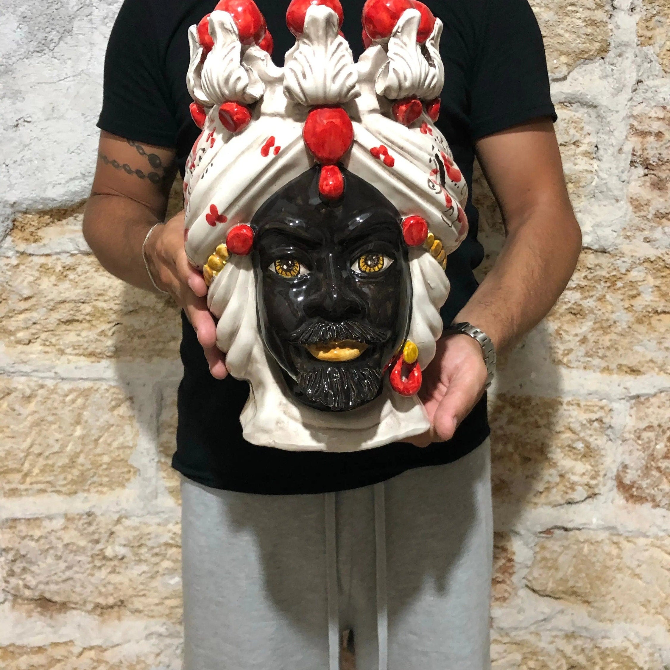 Teste di Moro Seicento Ceramica Caltagirone cm H.30 L.20 Artigianale Rosso DD CERAMICHE SICILIANE