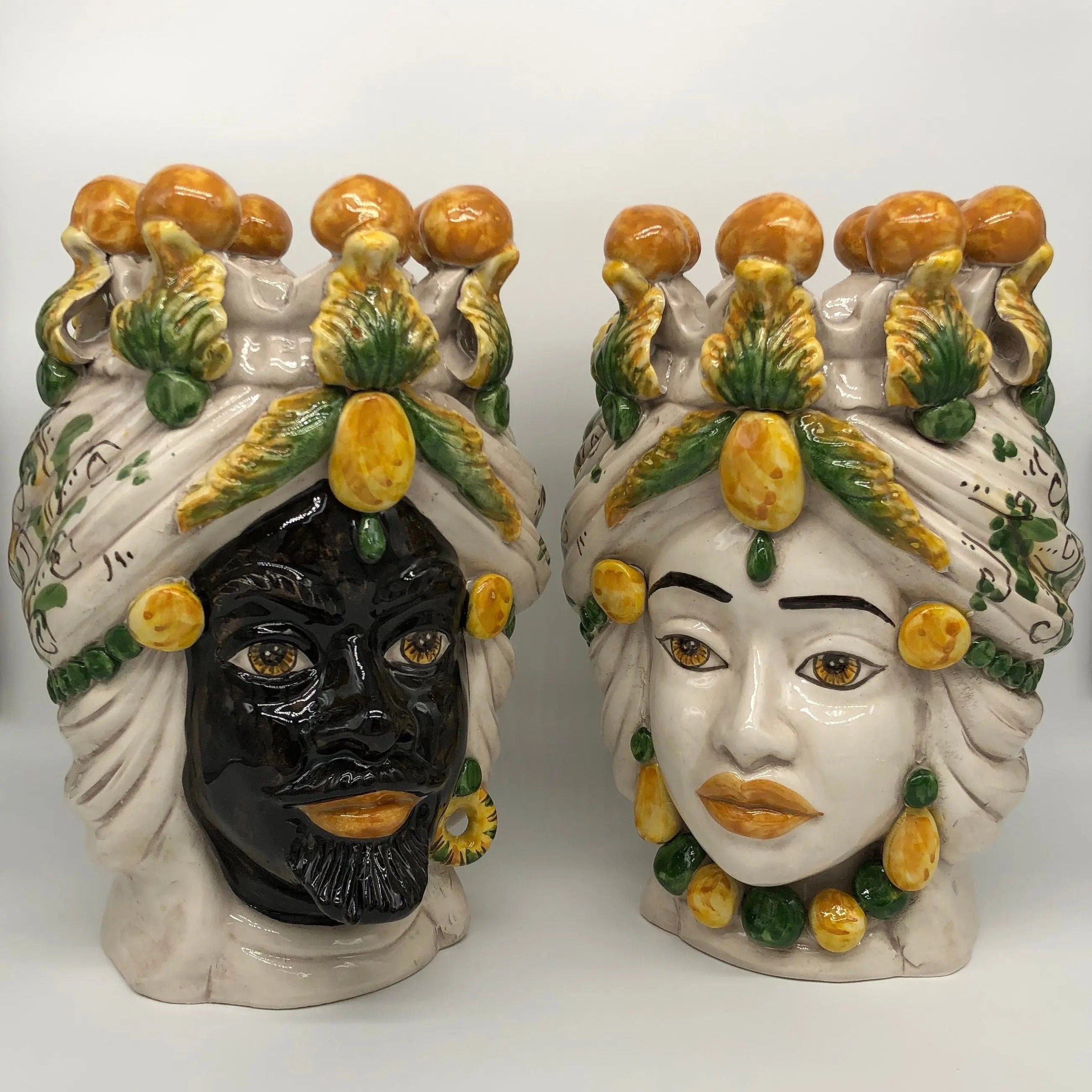 Teste di Moro Seicento Ceramica Caltagirone cm H.30 L.20 Artigianale Verde Giallo DD CERAMICHE SICILIANE