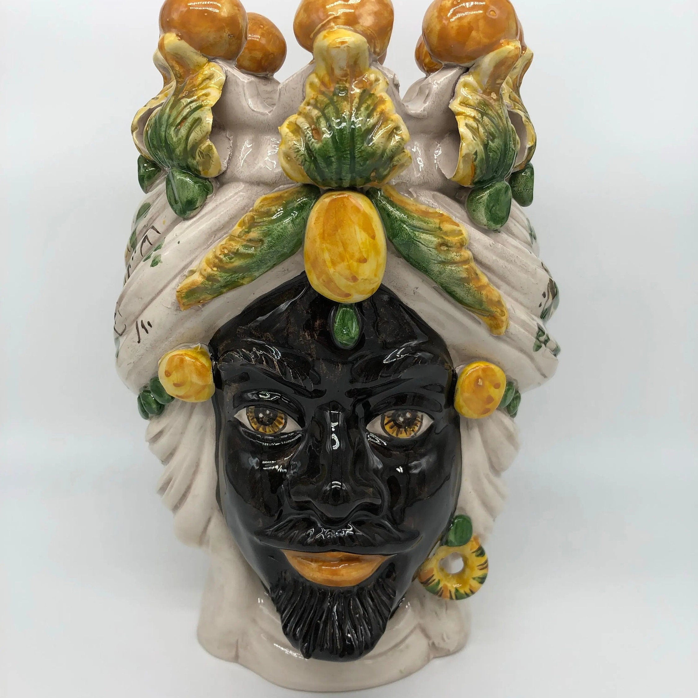 Teste di Moro Seicento Ceramica Caltagirone cm H.30 L.20 Artigianale Verde Giallo DD CERAMICHE SICILIANE
