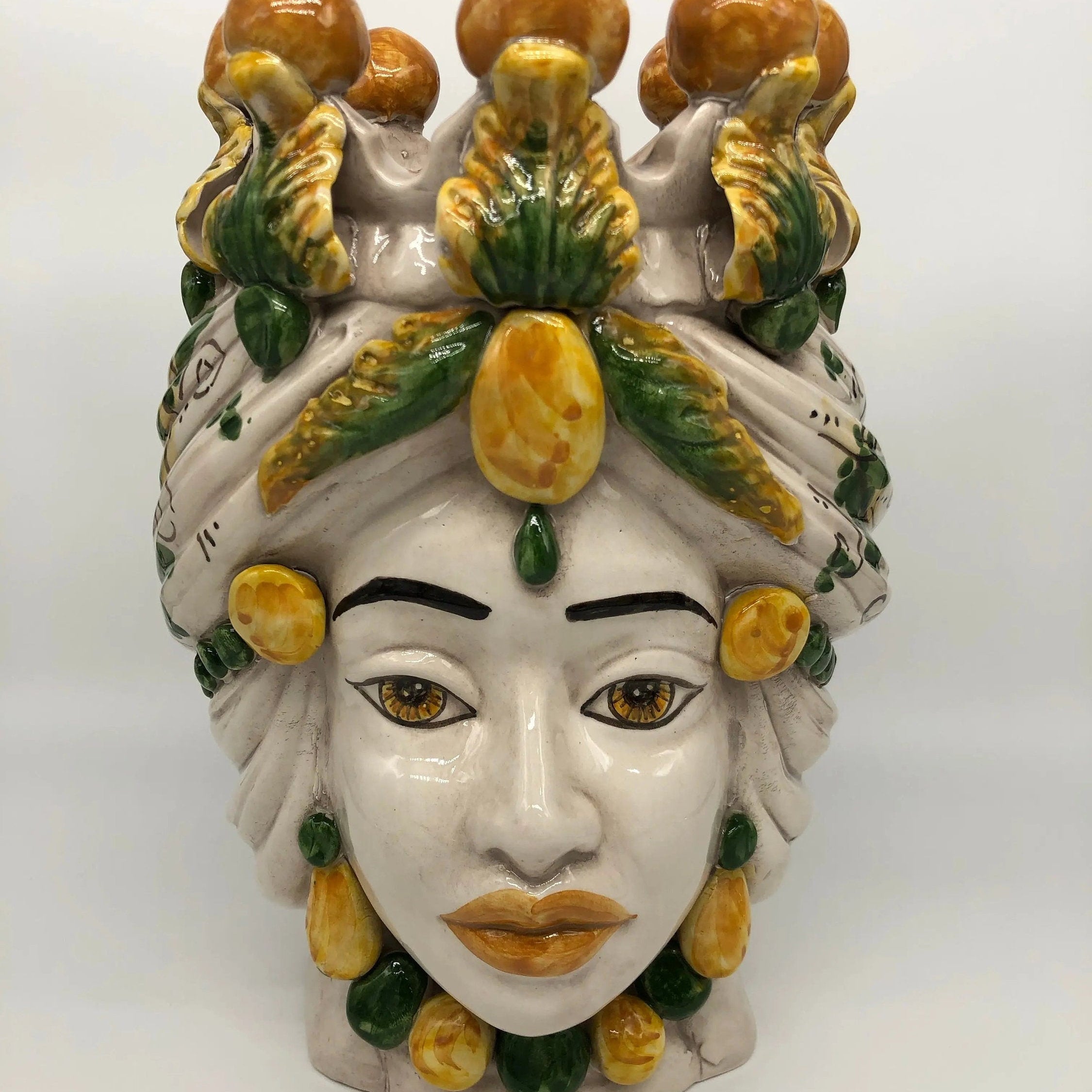 Teste di Moro Seicento Ceramica Caltagirone cm H.30 L.20 Artigianale Verde Giallo DD CERAMICHE SICILIANE