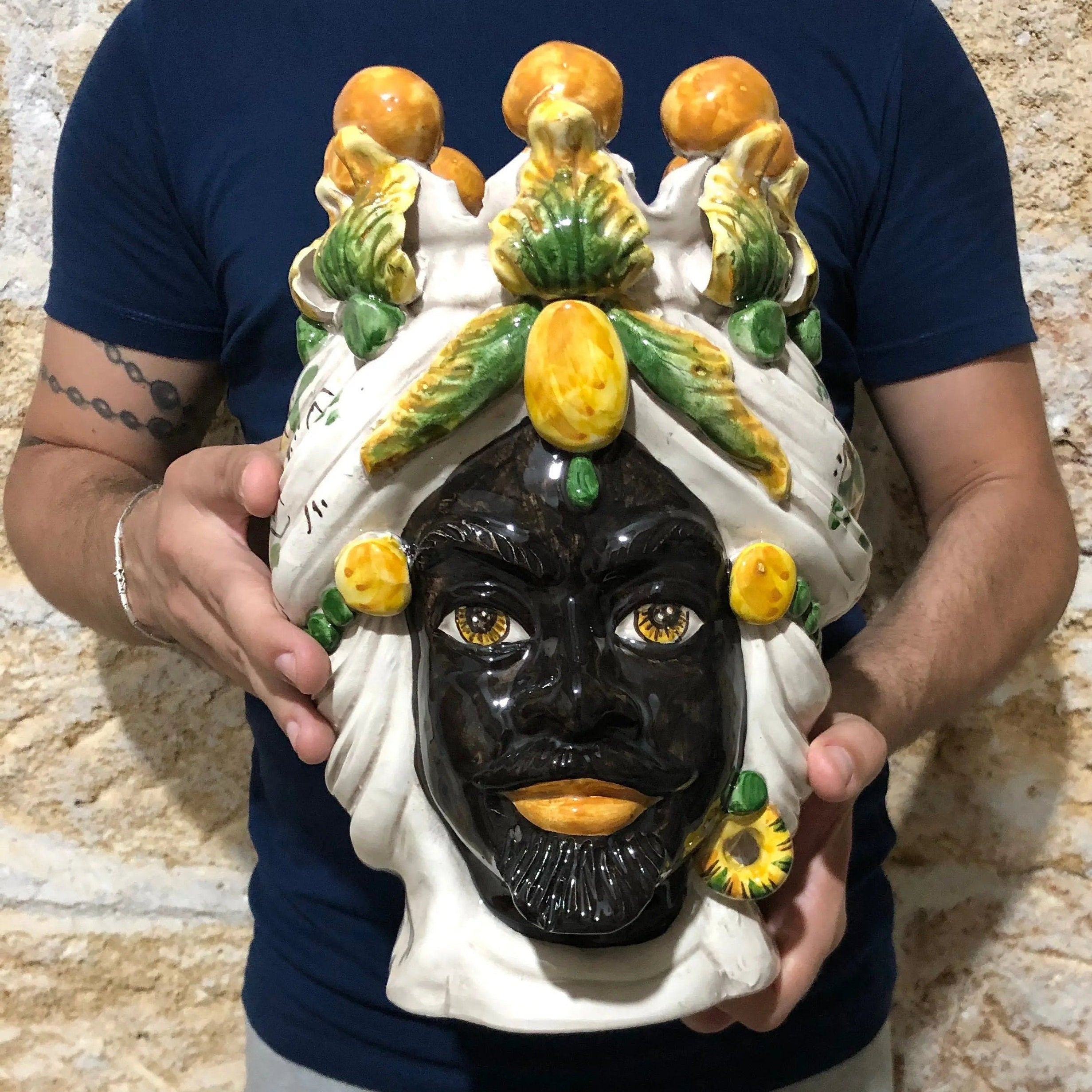 Teste di Moro Seicento Ceramica Caltagirone cm H.30 L.20 Artigianale Verde Giallo DD CERAMICHE SICILIANE