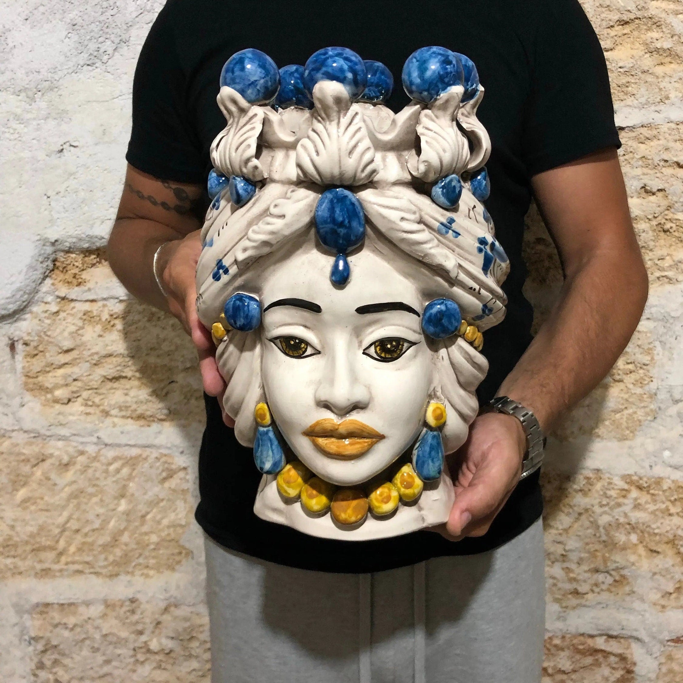 Teste di Moro Seicento Ceramica Caltagirone cm H.30 L.20 Artigianale Blu DD CERAMICHE SICILIANE