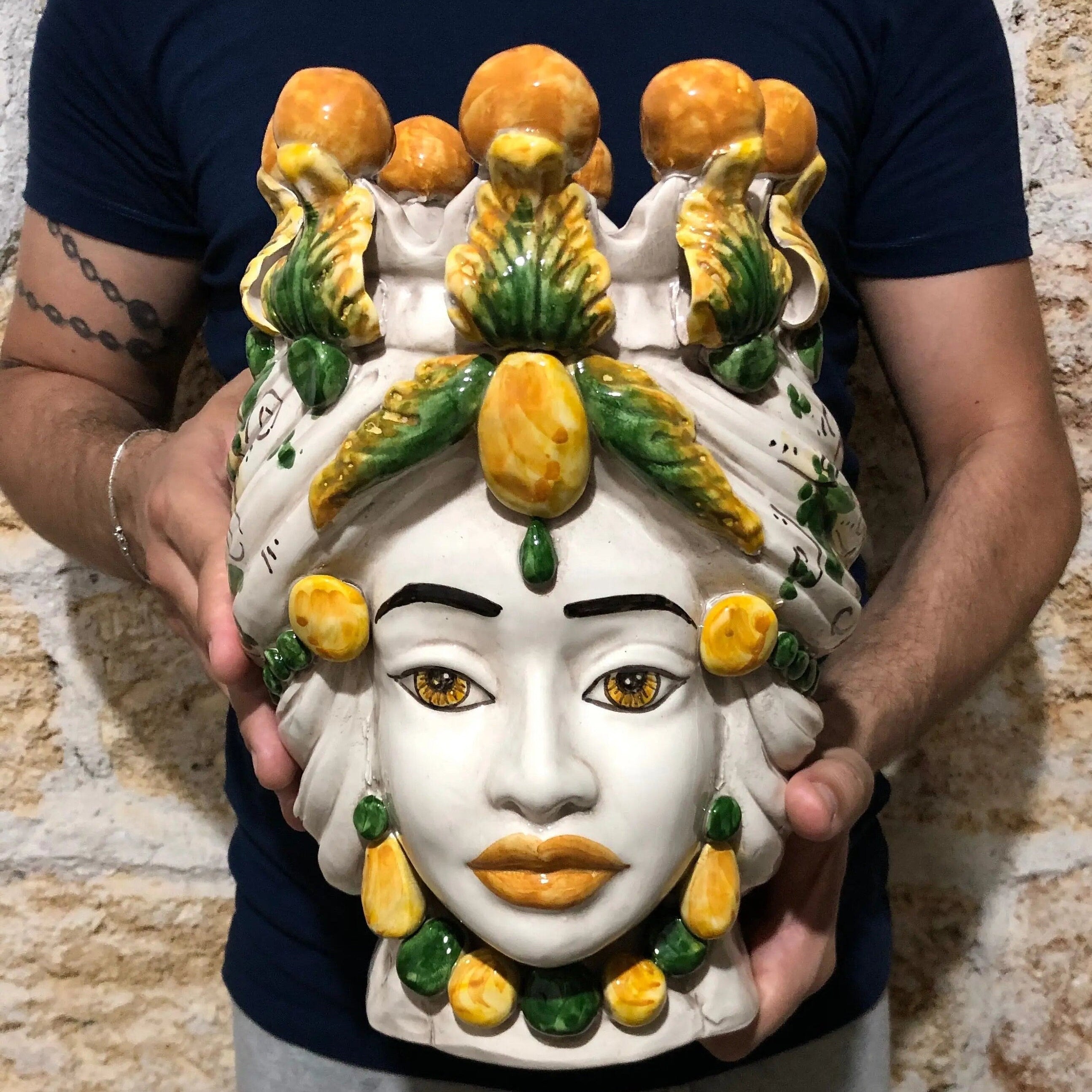 Teste di Moro Seicento Ceramica Caltagirone cm H.30 L.20 Artigianale Verde Giallo DD CERAMICHE SICILIANE