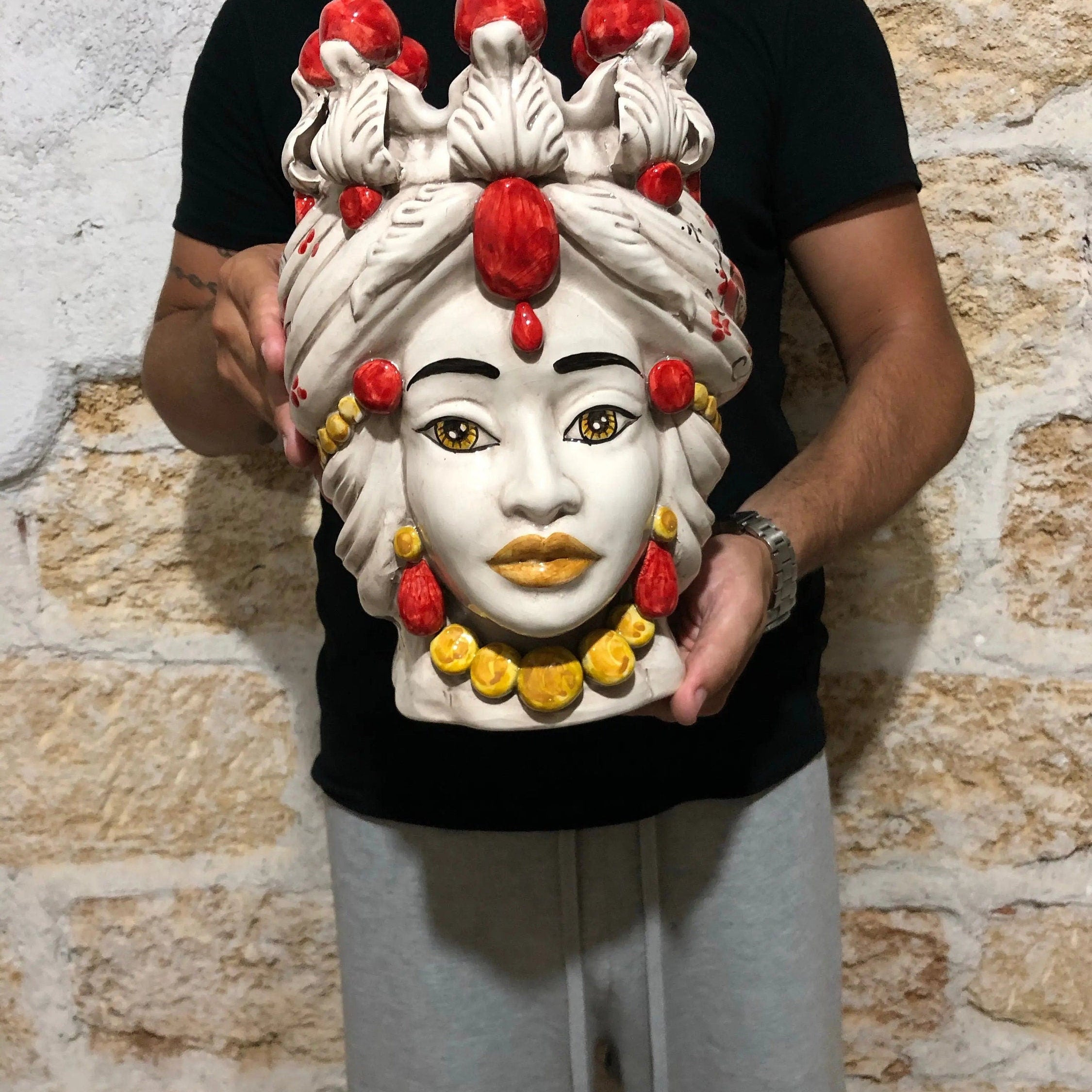 Teste di Moro Seicento Ceramica Caltagirone cm H.30 L.20 Artigianale Rosso DD CERAMICHE SICILIANE