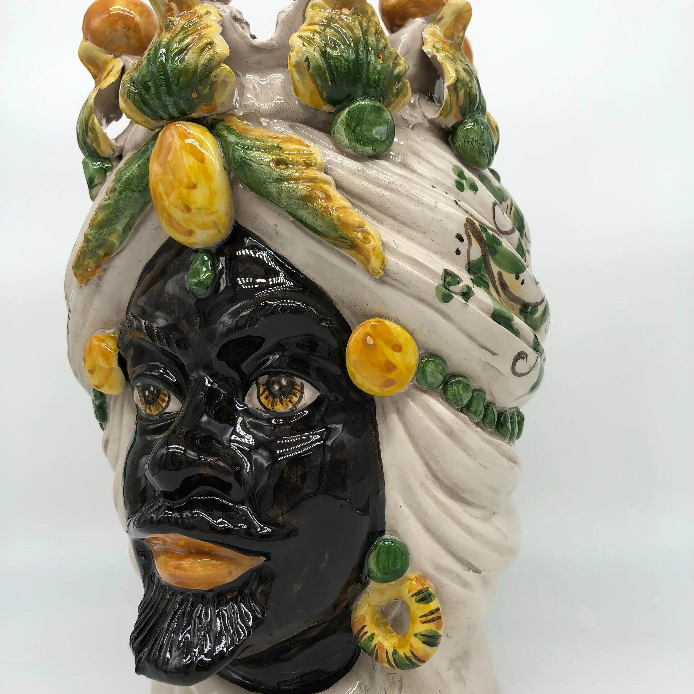 Teste di Moro Seicento Ceramica Caltagirone cm H.30 L.20 Artigianale Verde Giallo DD CERAMICHE SICILIANE