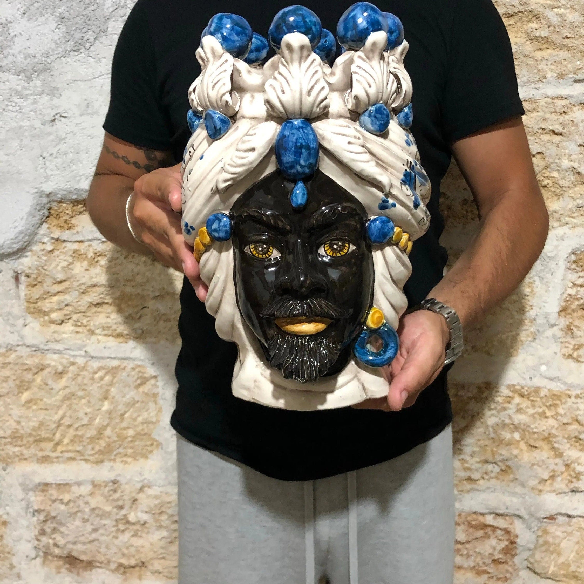 Teste di Moro Seicento Ceramica Caltagirone cm H.30 L.20 Artigianale Blu DD CERAMICHE SICILIANE