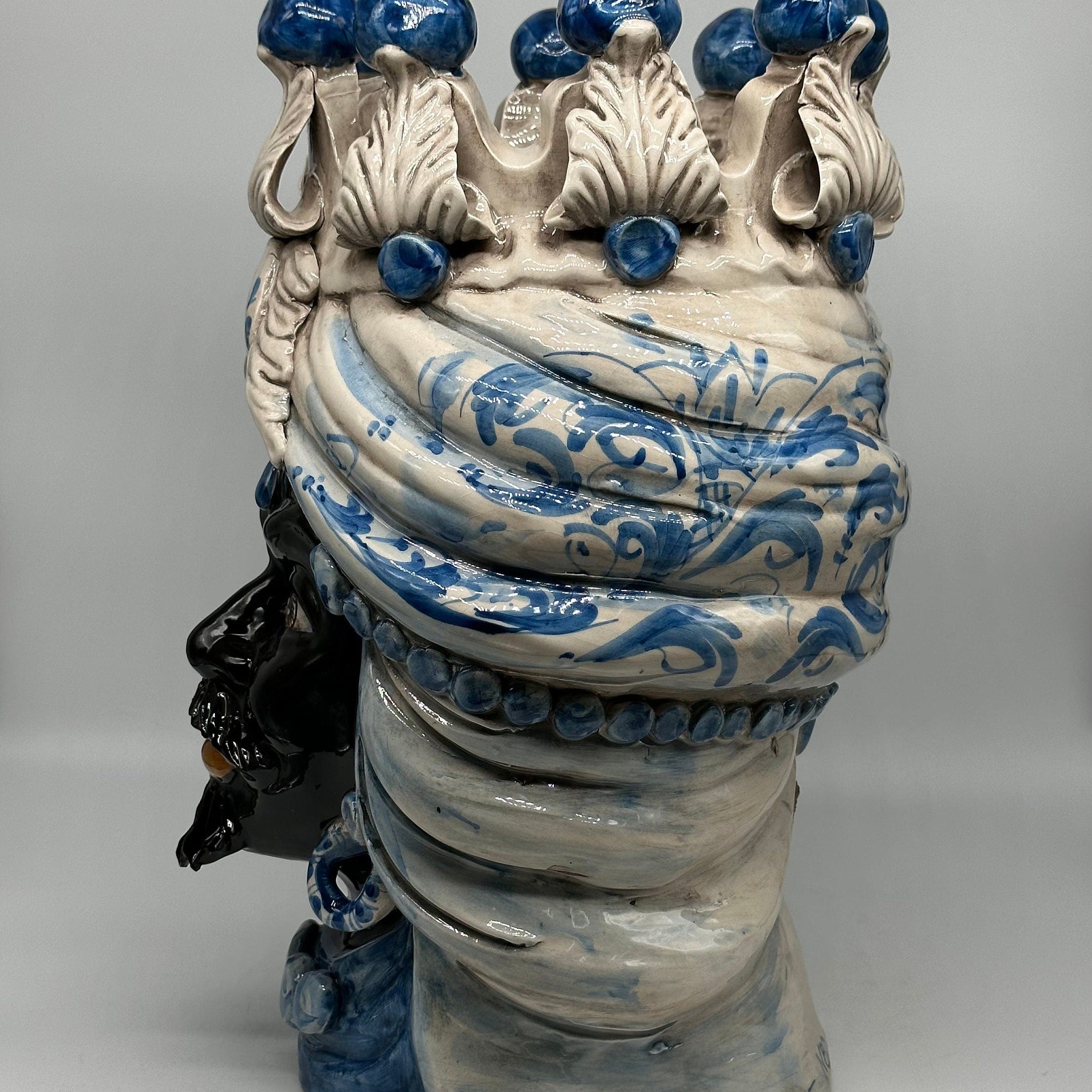 Teste di Moro Seicento Ceramica Caltagirone cm H.40 L.26 Artigianale Blu