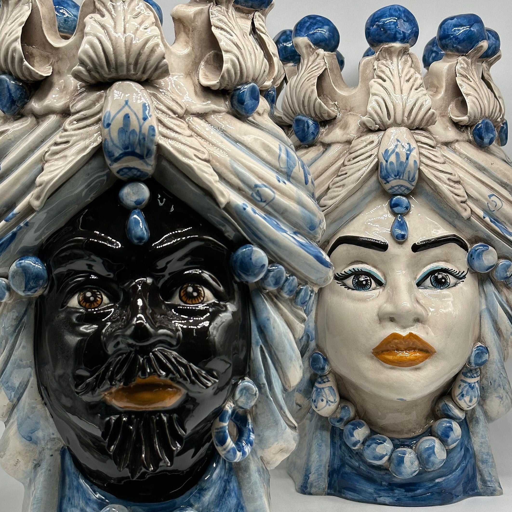 Teste di Moro Seicento Ceramica Caltagirone cm H.40 L.26 Artigianale Blu