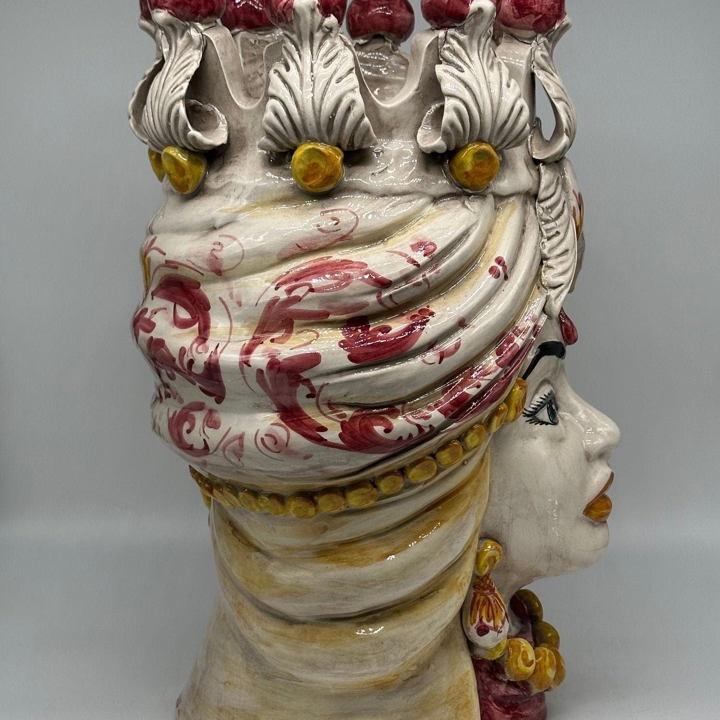 Teste di Moro Seicento Ceramica Caltagirone cm H.40 L.26 Artigianale Bordeaux Giallo - DD CERAMICHE SICILIANE