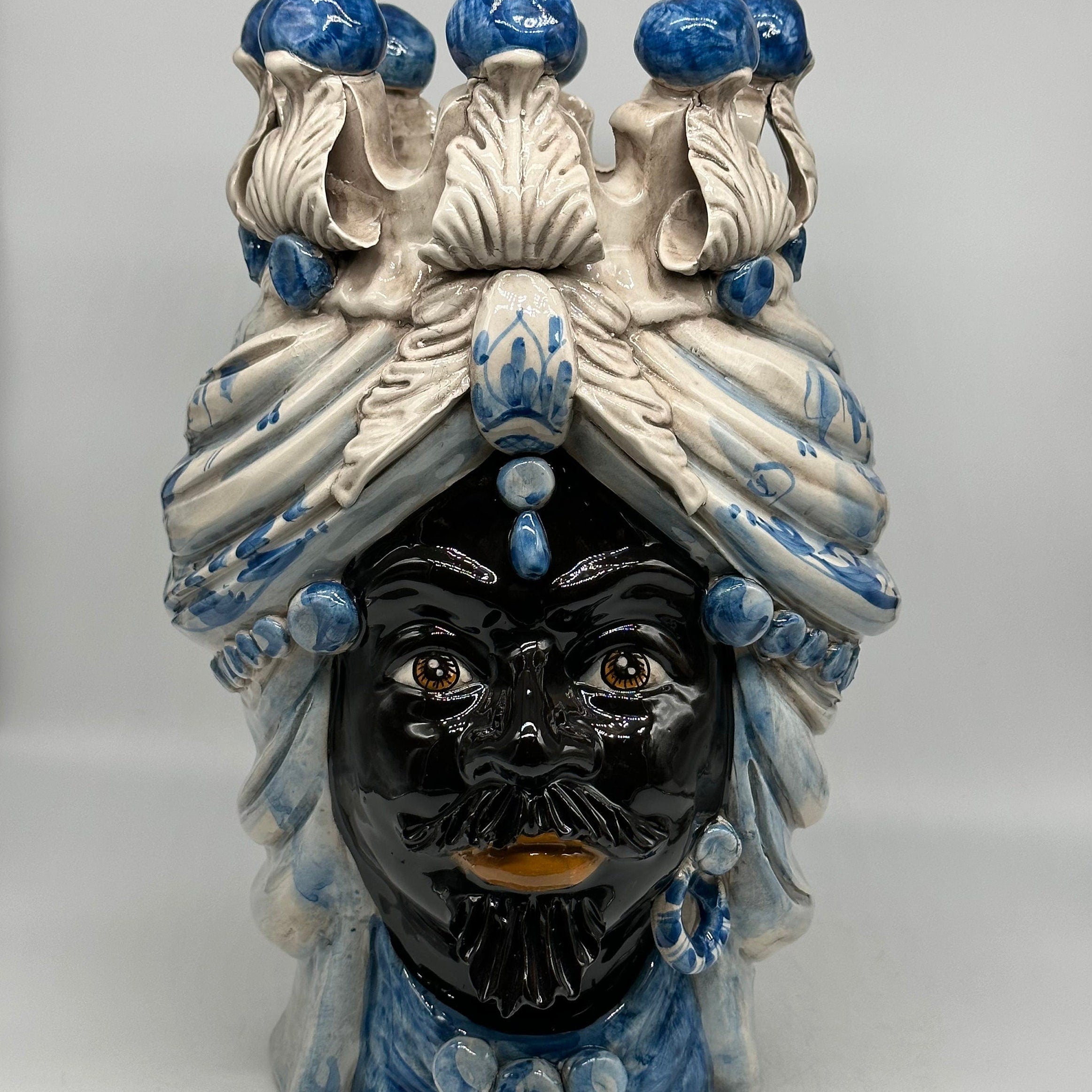 Teste di Moro Seicento Ceramica Caltagirone cm H.40 L.26 Artigianale Blu