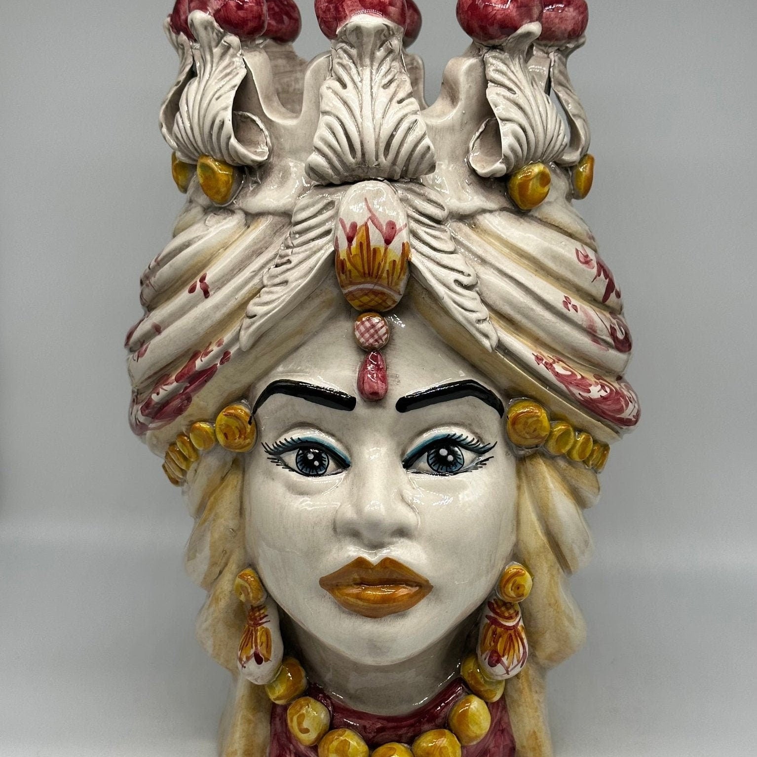 Teste di Moro Seicento Ceramica Caltagirone cm H.40 L.26 Artigianale Bordeaux Giallo - DD CERAMICHE SICILIANE