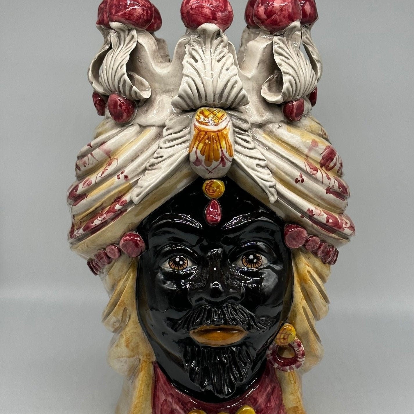 Teste di Moro Seicento Ceramica Caltagirone cm H.40 L.26 Artigianale Bordeaux Giallo - DD CERAMICHE SICILIANE