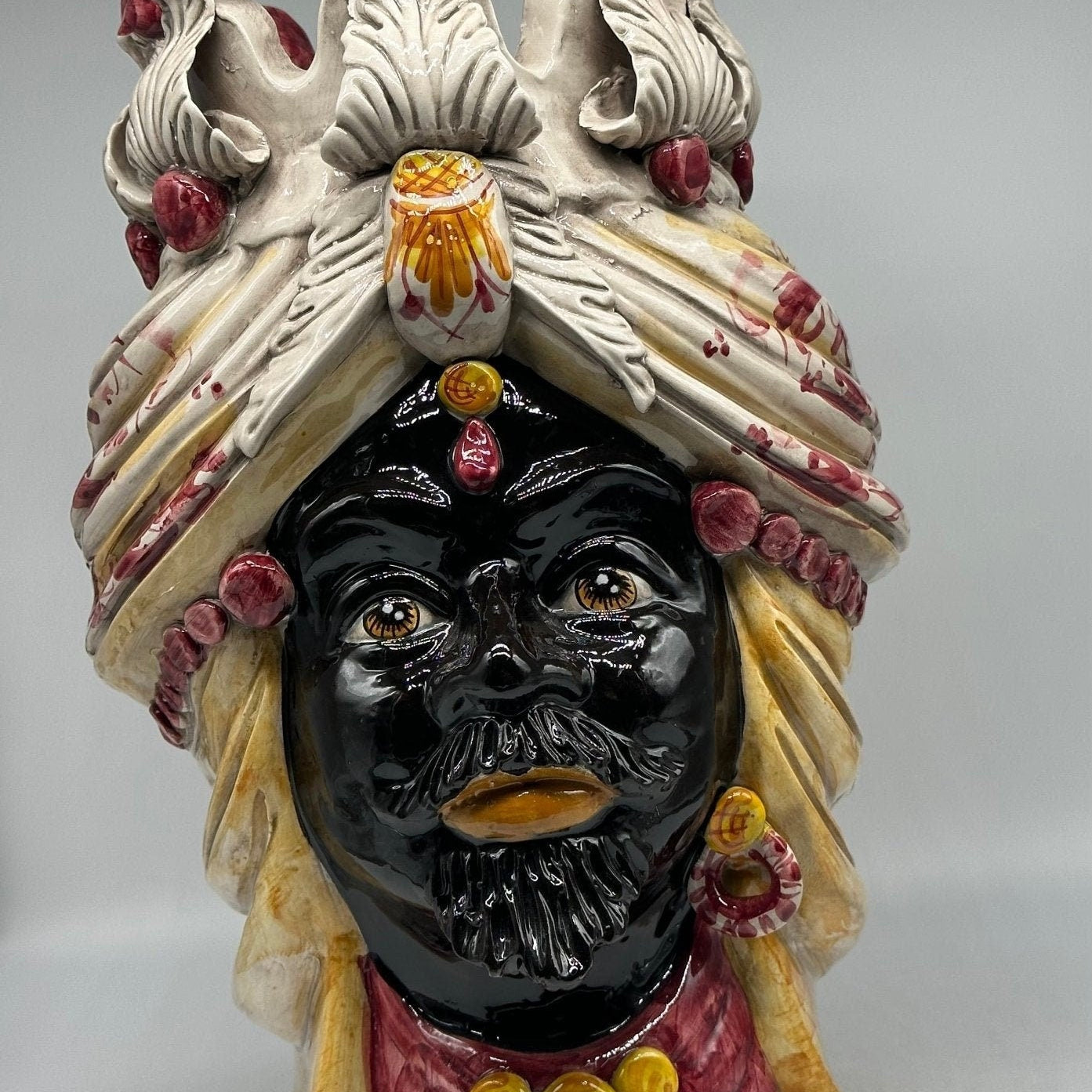 Teste di Moro Seicento Ceramica Caltagirone cm H.40 L.26 Artigianale Bordeaux Giallo - DD CERAMICHE SICILIANE