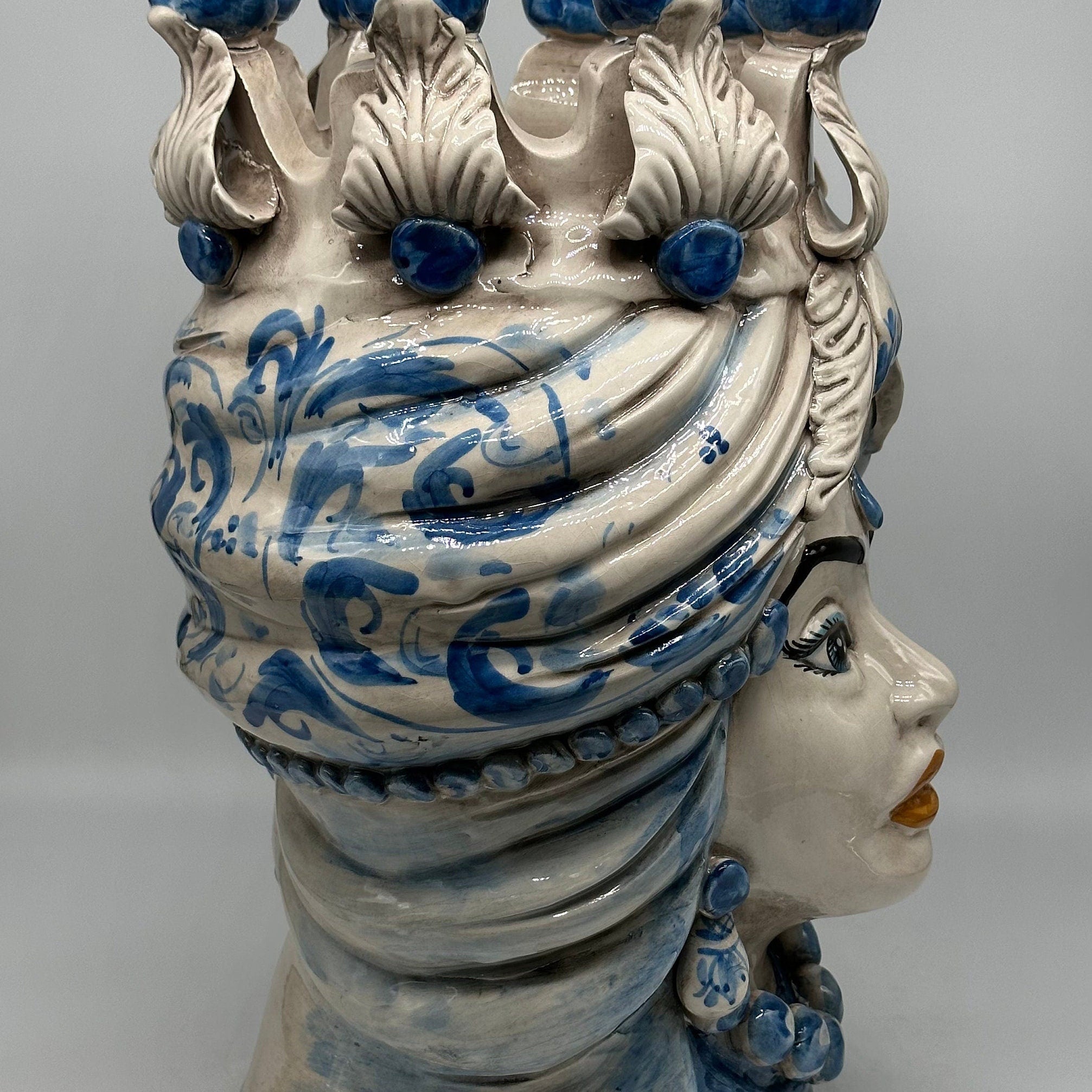 Teste di Moro Seicento Ceramica Caltagirone cm H.40 L.26 Artigianale Blu