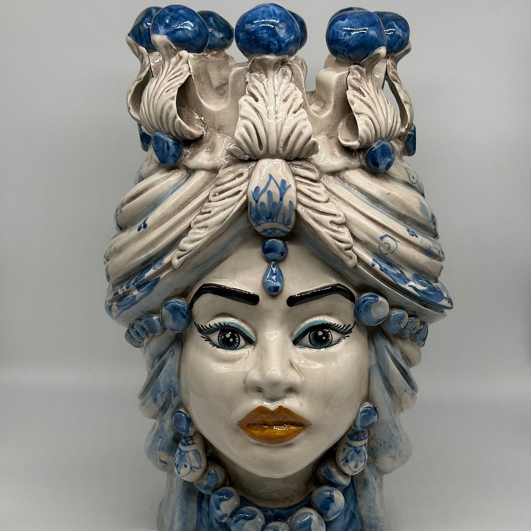 Teste di Moro Seicento Ceramica Caltagirone cm H.40 L.26 Artigianale Blu