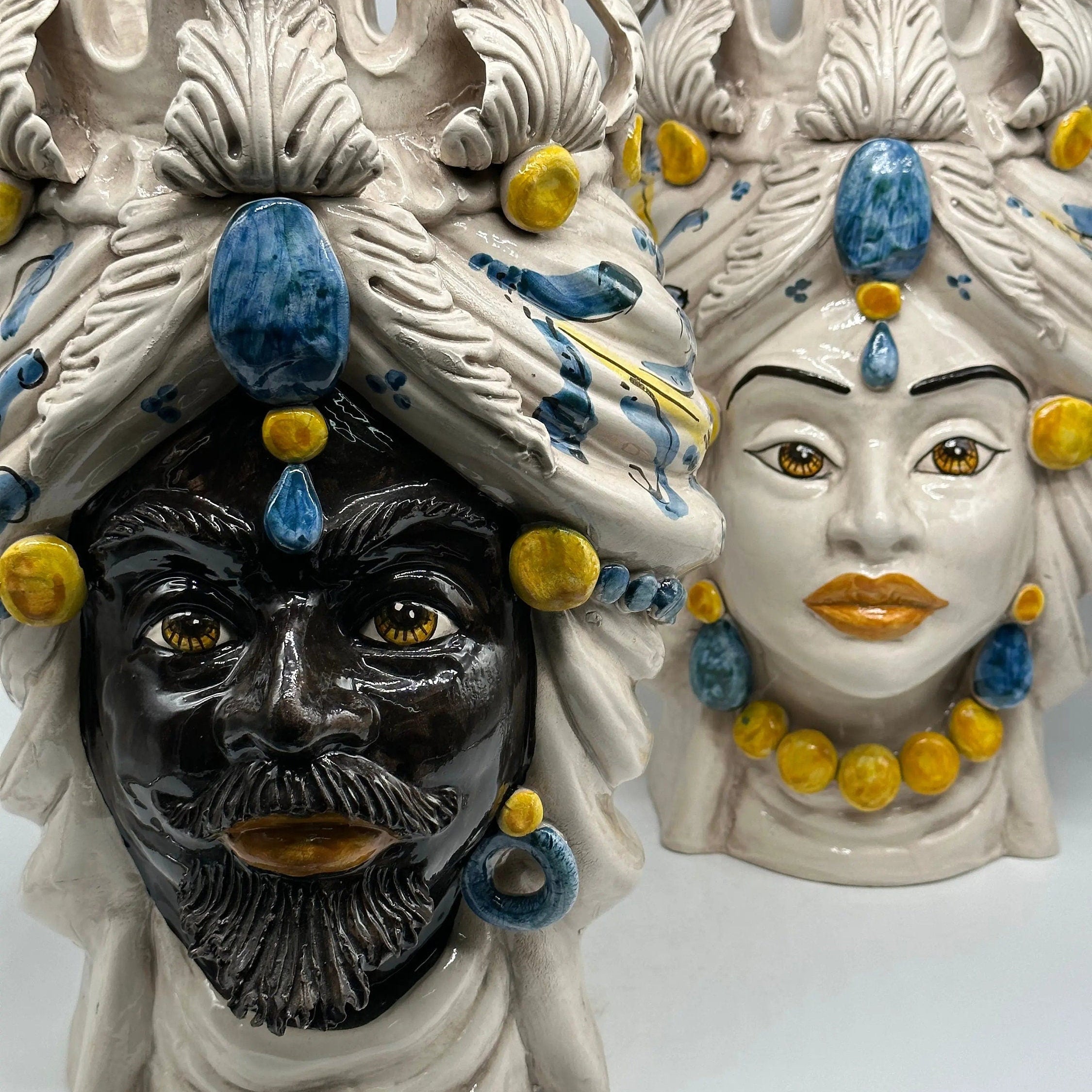 Teste di Moro Seicento Ceramica Caltagirone cm H.40 L.25 Artigianale Blu DD CERAMICHE SICILIANE