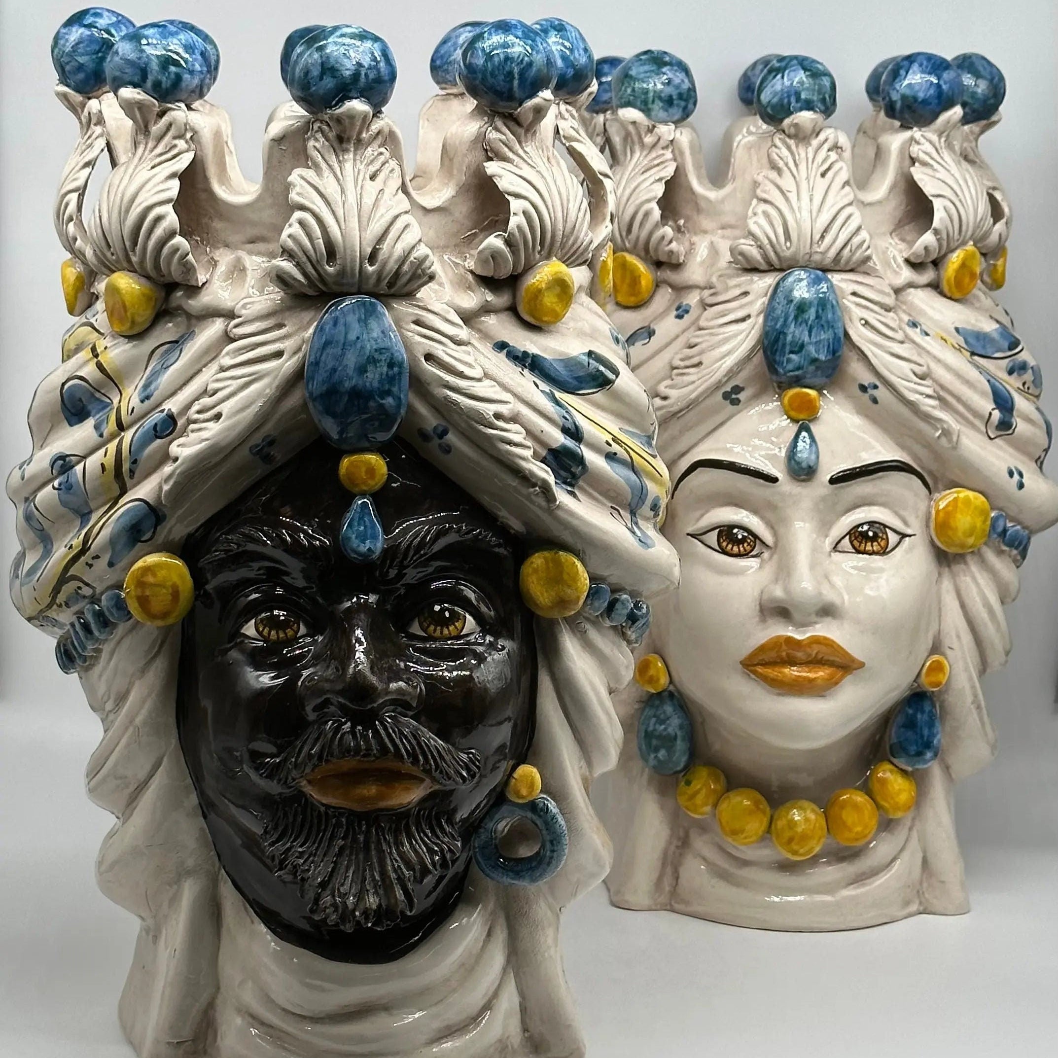 Teste di Moro Seicento Ceramica Caltagirone cm H.40 L.25 Artigianale Blu DD CERAMICHE SICILIANE