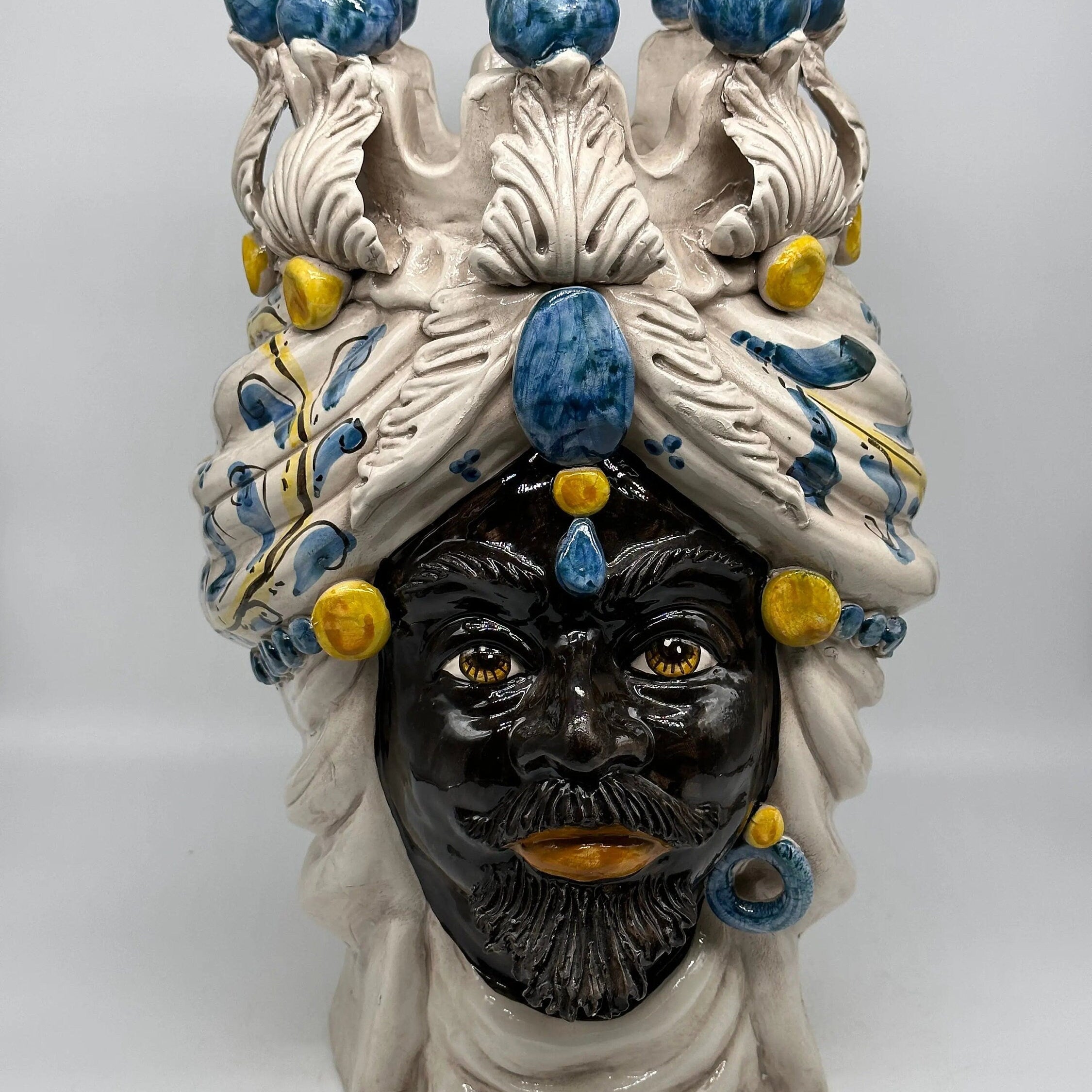 Teste di Moro Seicento Ceramica Caltagirone cm H.40 L.25 Artigianale Blu DD CERAMICHE SICILIANE