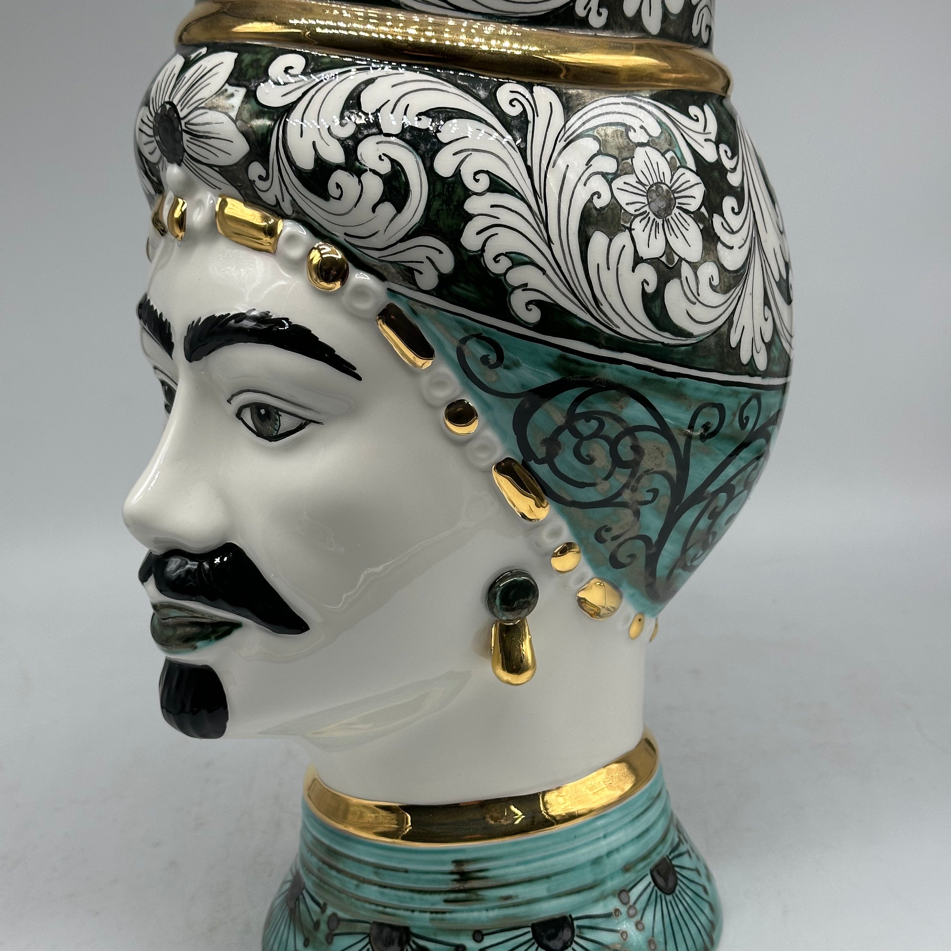 Teste di Moro Token Ceramica Caltagirone cm H.31 L.18 Artigianale Toni Verde Oro