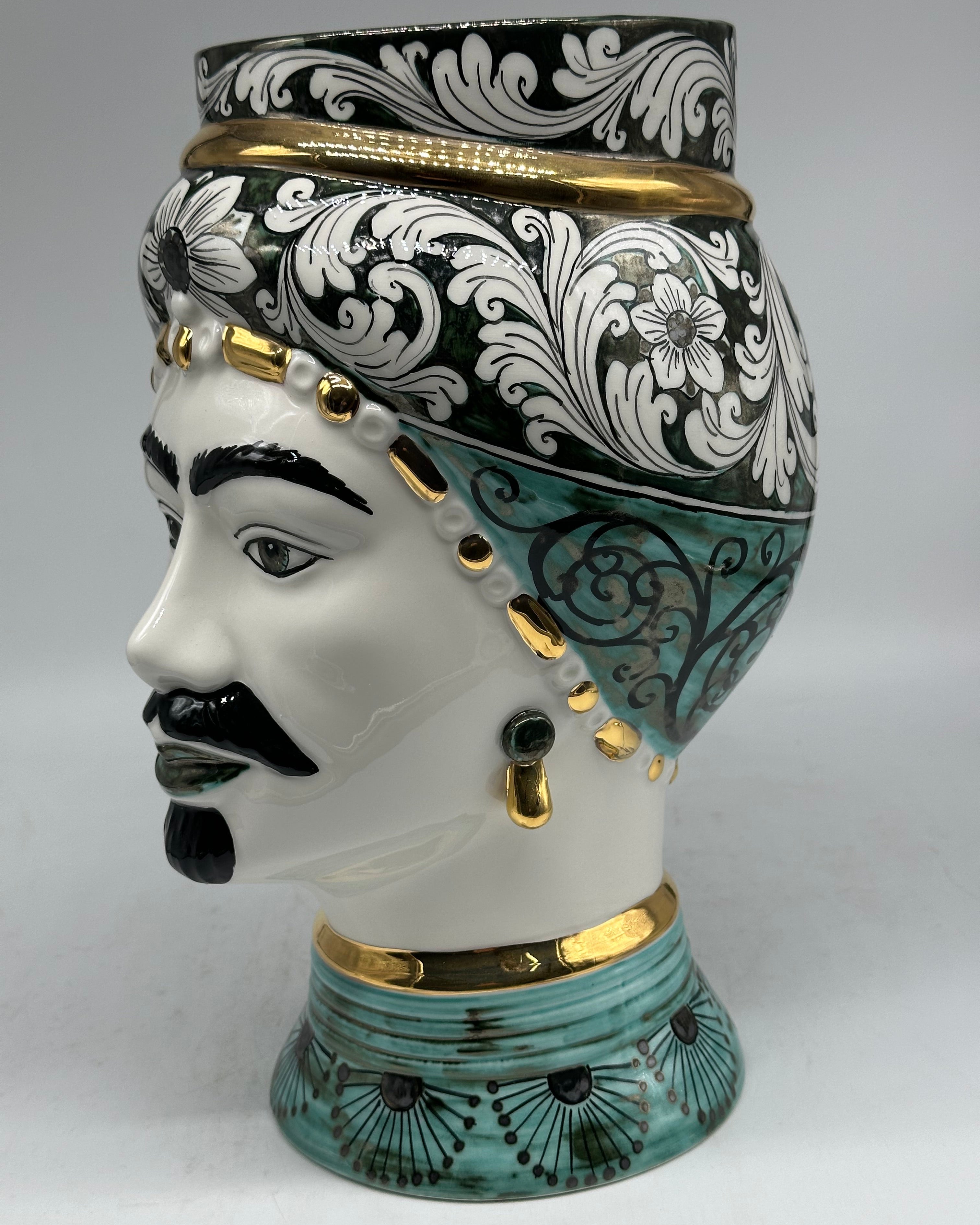 Teste di Moro Token Ceramica Caltagirone cm H.31 L.18 Artigianale Toni Verde Oro