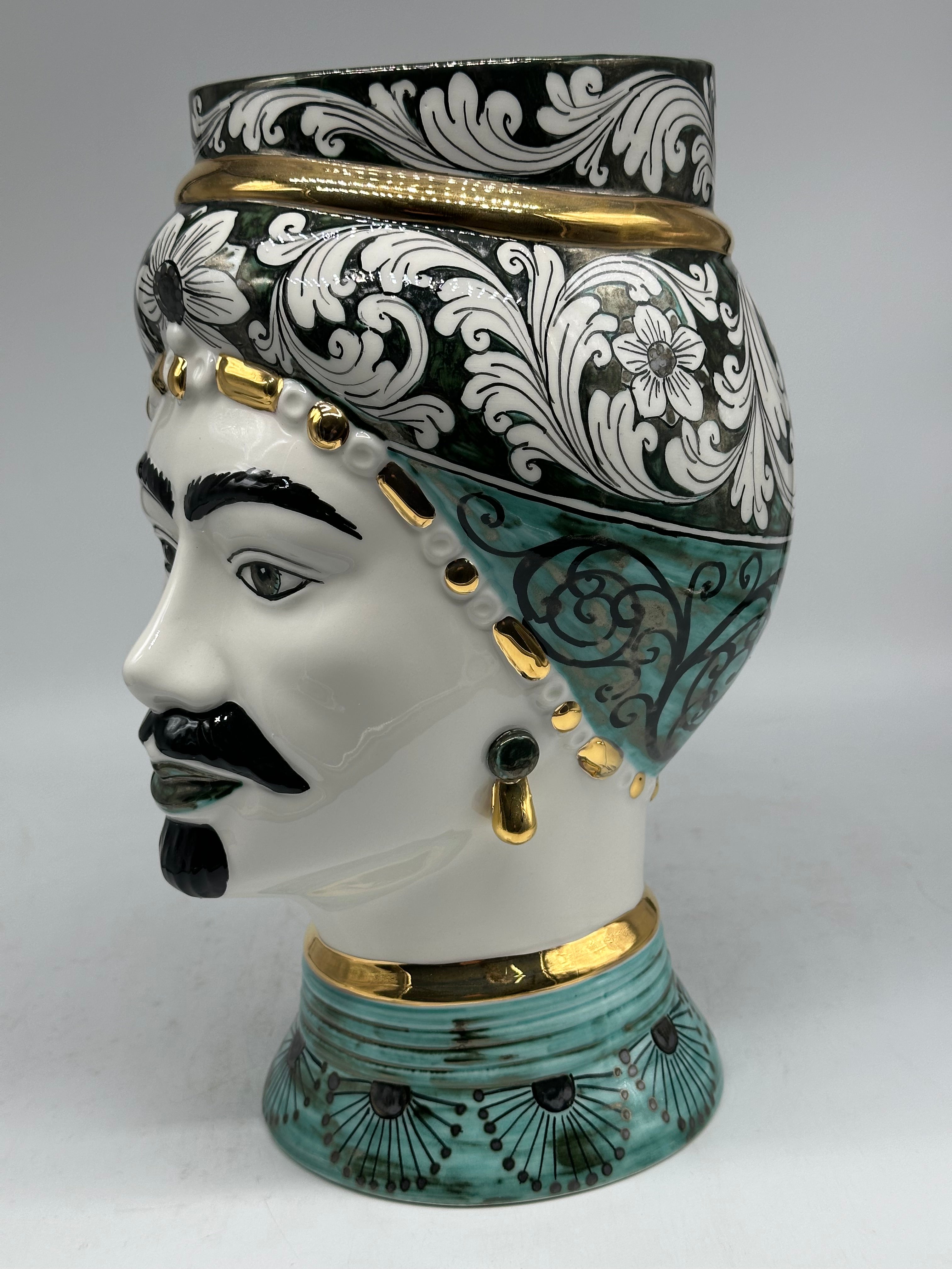 Teste di Moro Token Ceramica Caltagirone cm H.31 L.18 Artigianale Toni Verde Oro