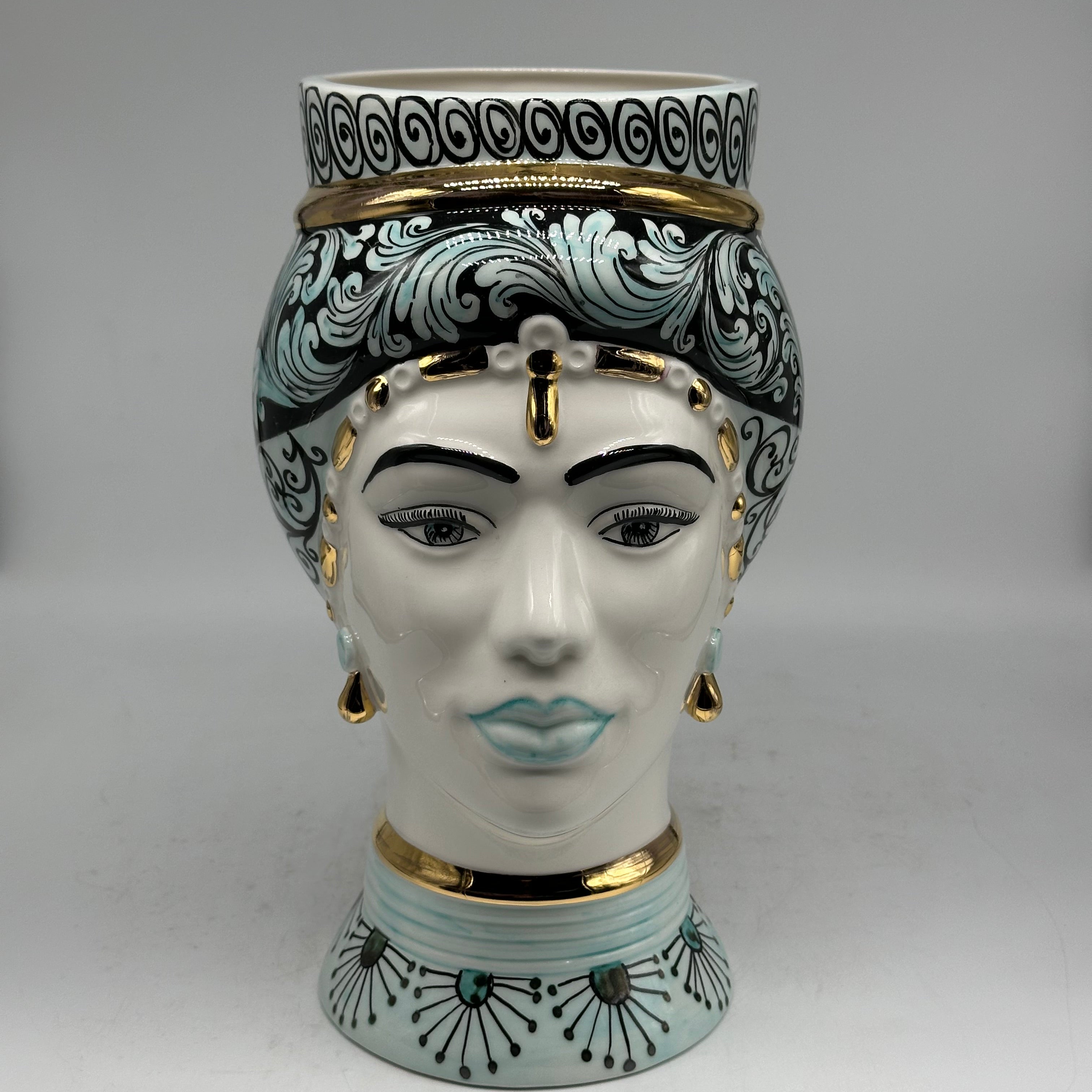 Teste di Moro Token Ceramica Caltagirone cm H.31 L.18 Artigianale Toni Verde Oro V.2 - Donna