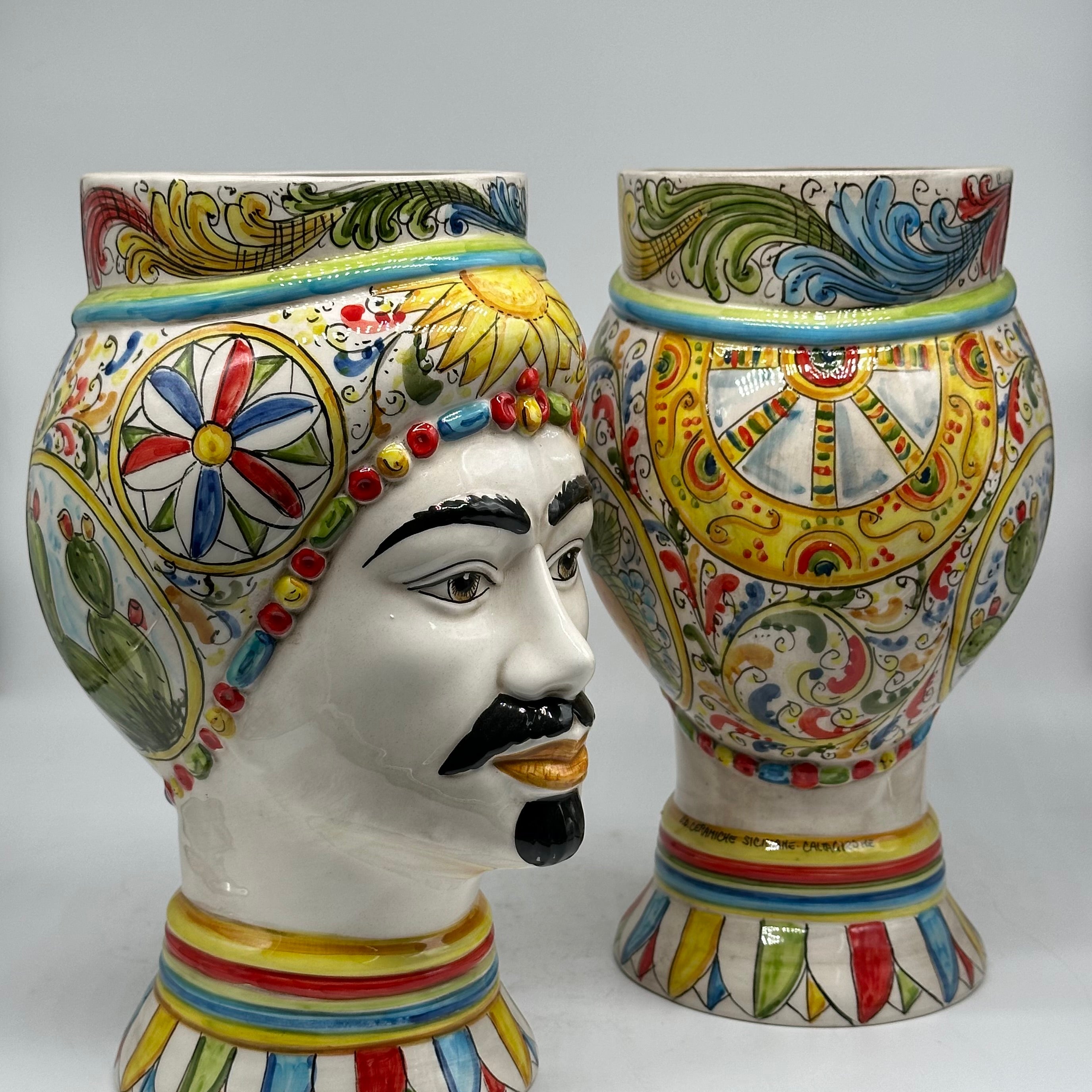 Teste di Moro Token Ceramica Caltagirone cm H.31 L.18 Artigianale Decoro Carretto V.2 - TESTA DI MORO