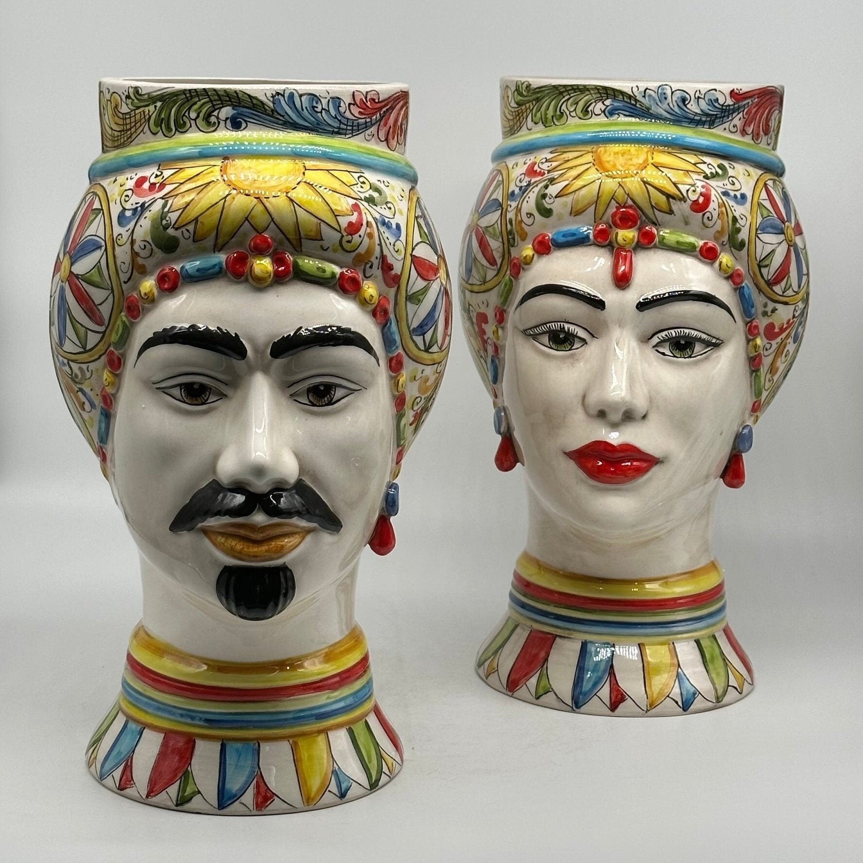 Teste di Moro Token Ceramica Caltagirone cm H.31 L.18 Artigianale Decoro “Carretto” - DD CERAMICHE SICILIANE