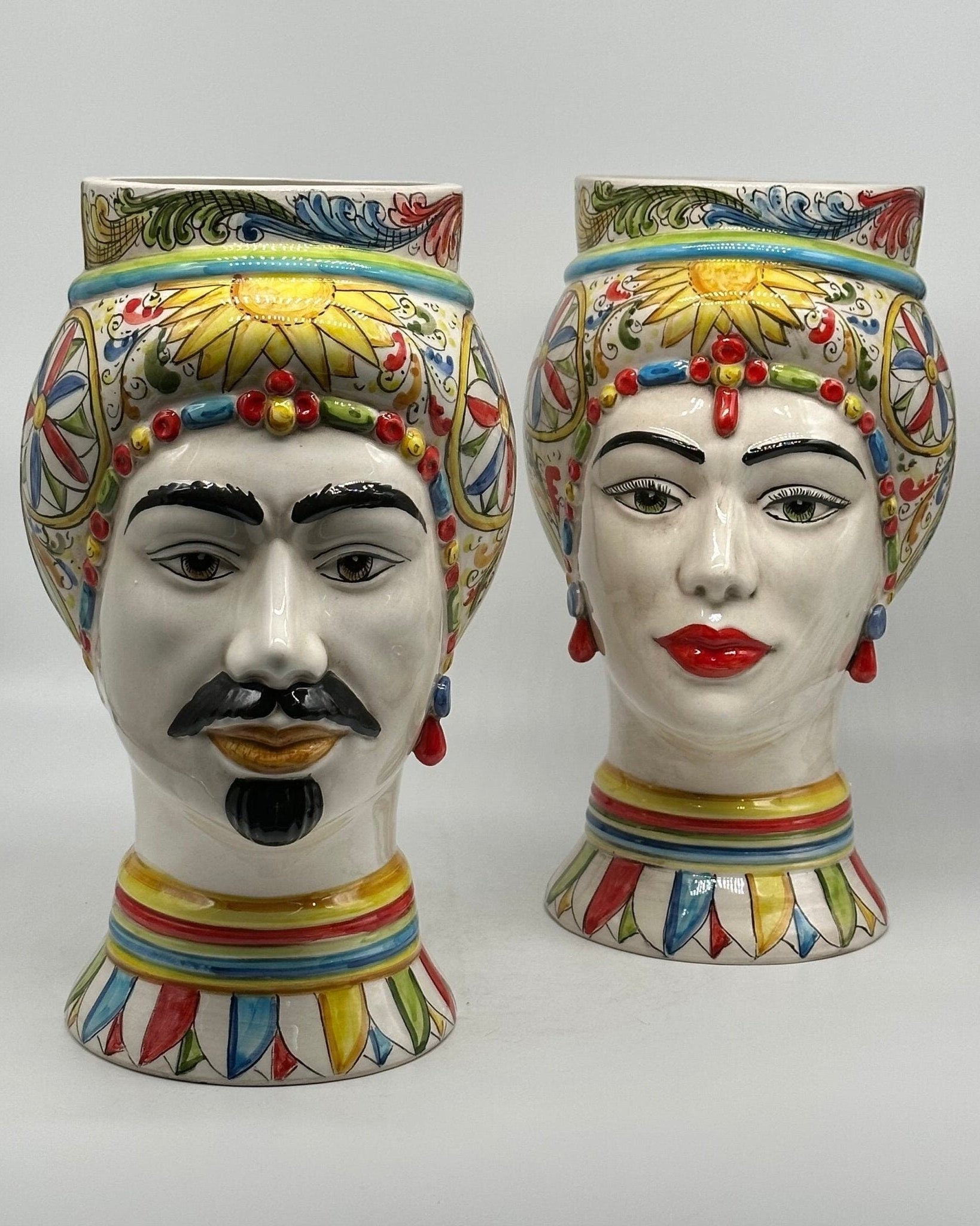 Teste di Moro Token Ceramica Caltagirone cm H.31 L.18 Artigianale Decoro “Carretto” - DD CERAMICHE SICILIANE