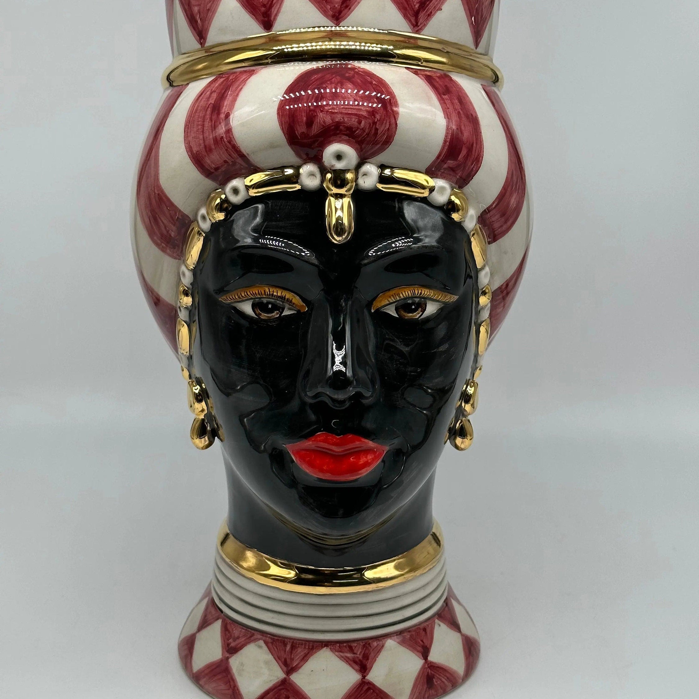 Teste di Moro Token Ceramica Caltagirone cm H.31 L.18 Artigianale Bianco Bordeaux Oro DD CERAMICHE SICILIANE