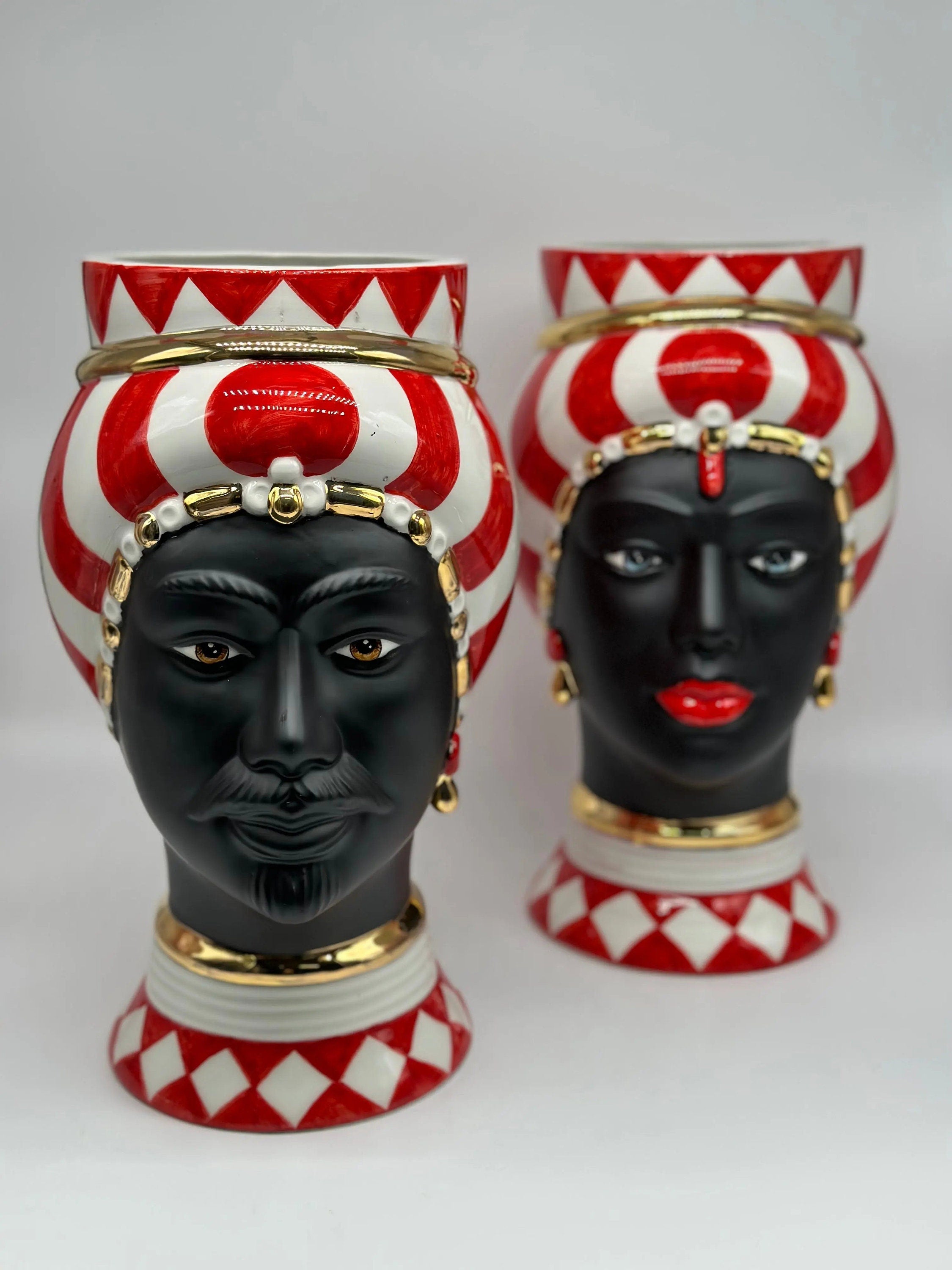 Teste di Moro Token Ceramica Caltagirone cm H.31 L.18 Artigianale Rosso Bianco Oro DD CERAMICHE SICILIANE