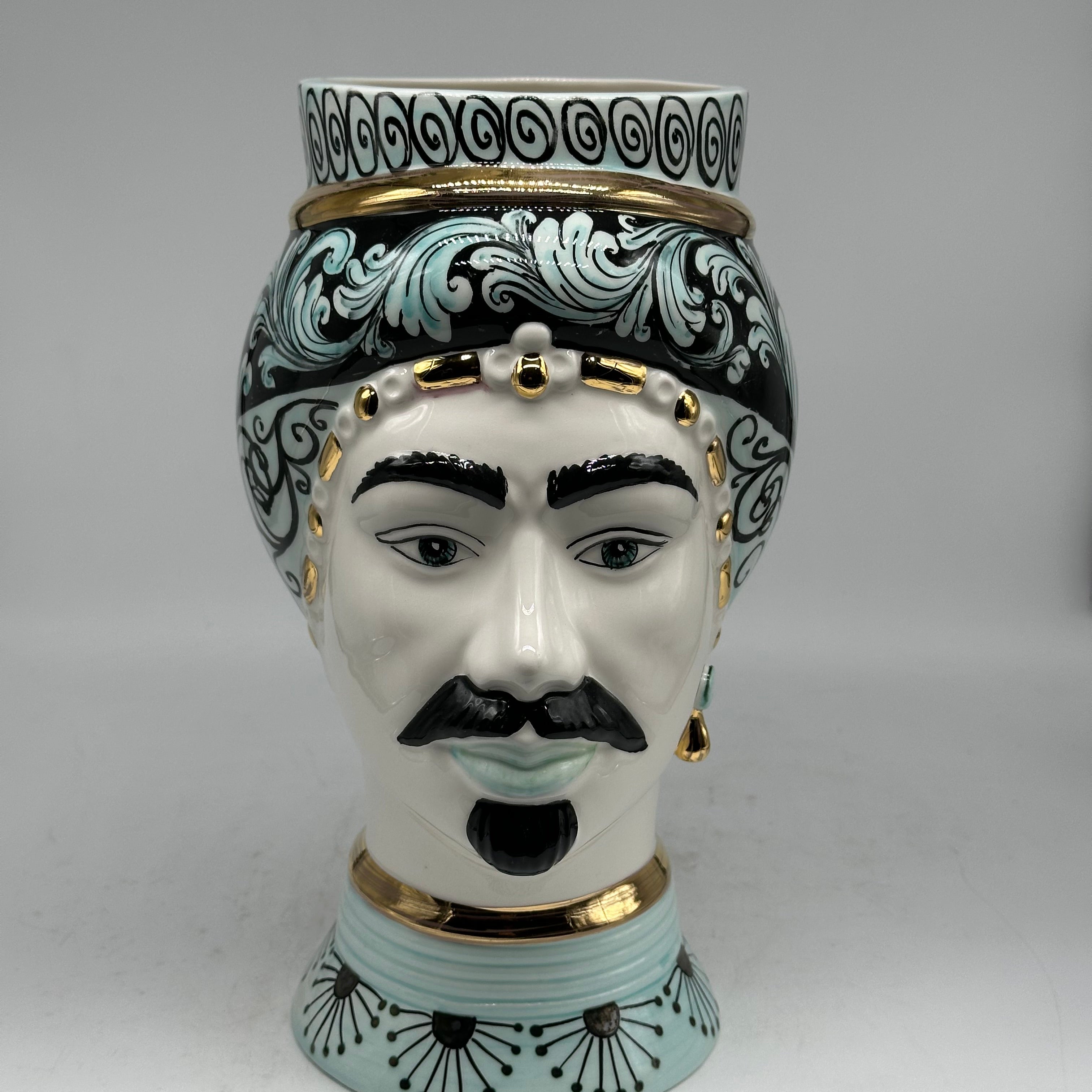 Teste di Moro Token Ceramica Caltagirone cm H.31 L.18 Artigianale Toni Verde Oro V.2 - Uomo