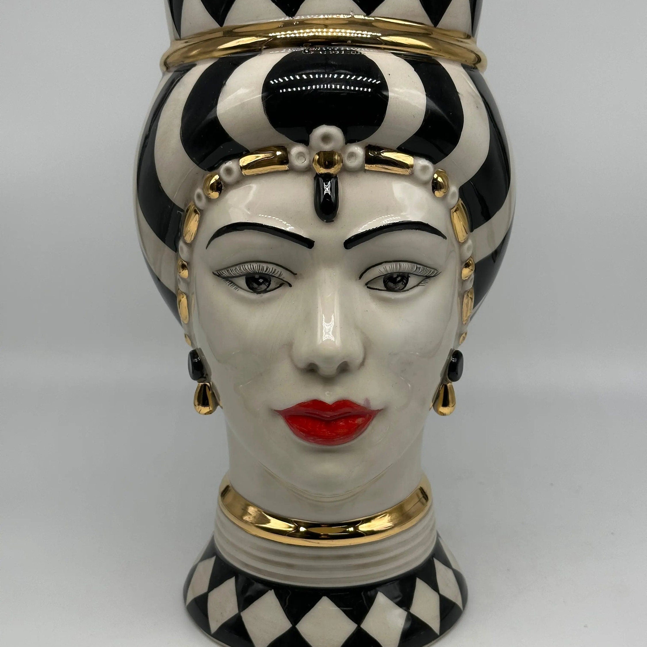 Teste di Moro Token Ceramica Caltagirone cm H.31 L.18 Artigianale Bianco Nero Oro DD CERAMICHE SICILIANE