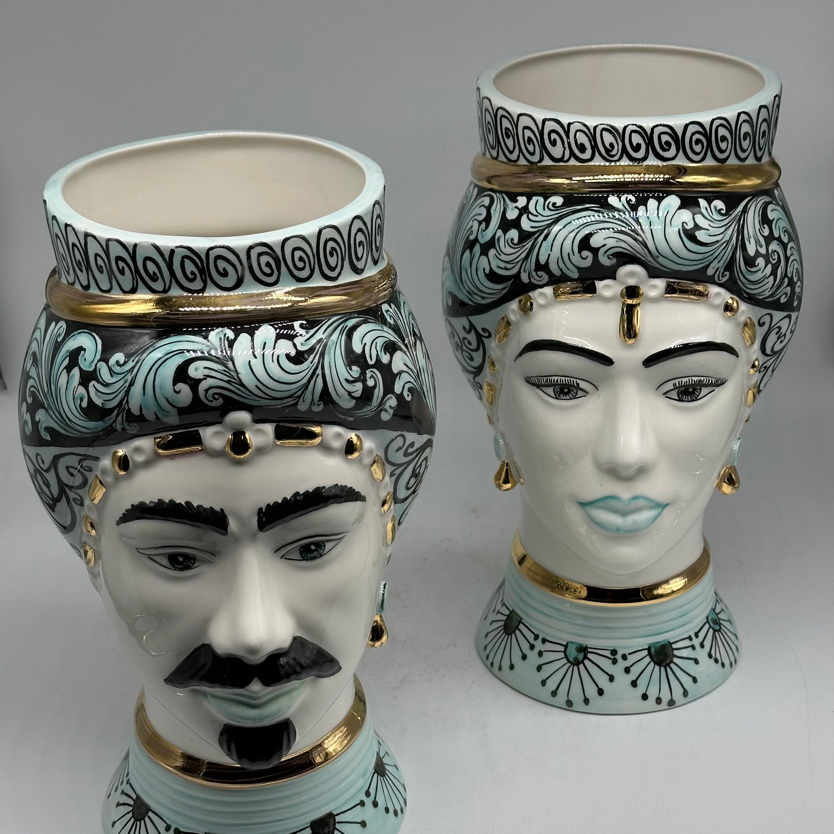 Teste di Moro Token Ceramica Caltagirone cm H.31 L.18 Artigianale Toni Verde Oro V.2