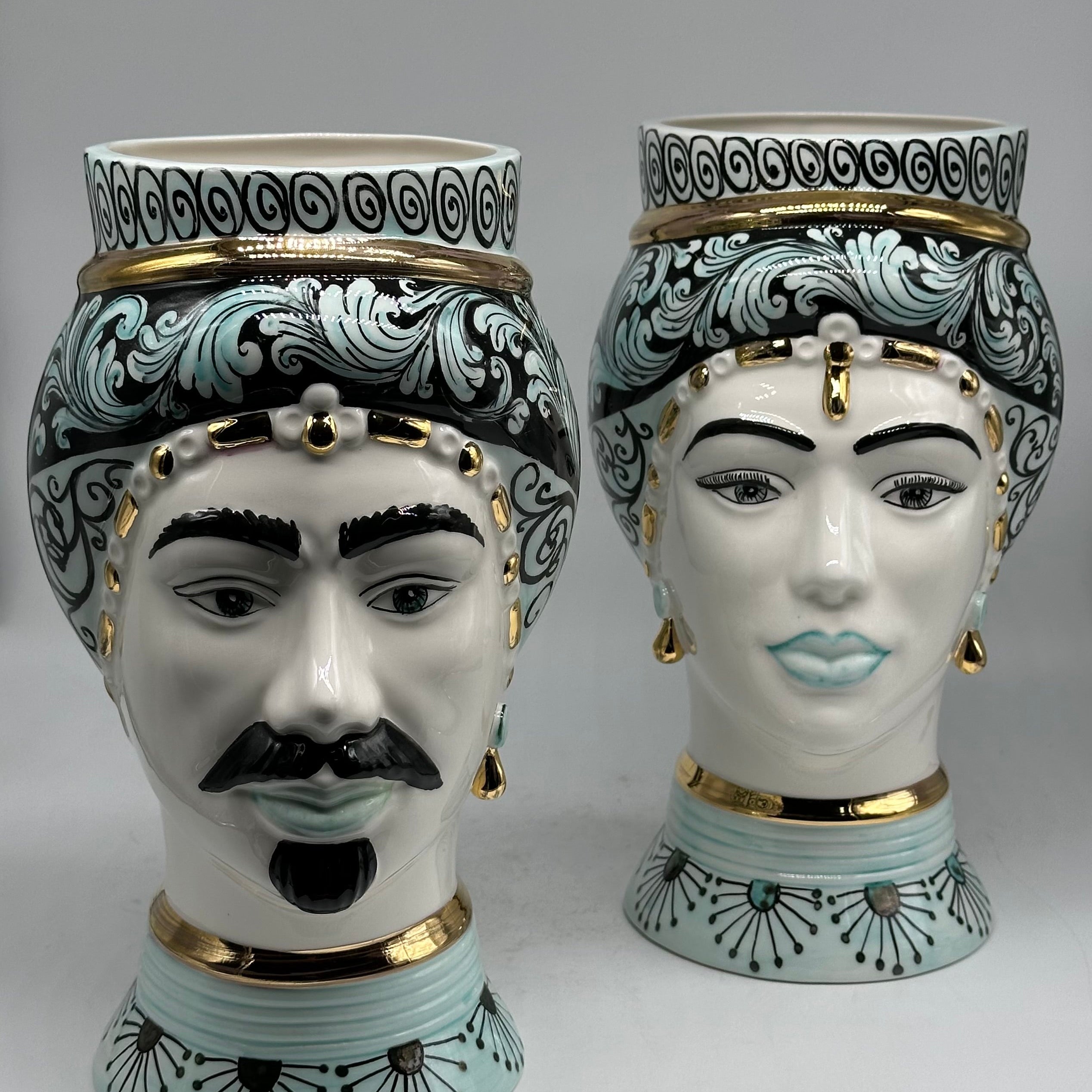 Teste di Moro Token Ceramica Caltagirone cm H.31 L.18 Artigianale Toni Verde Oro V.2