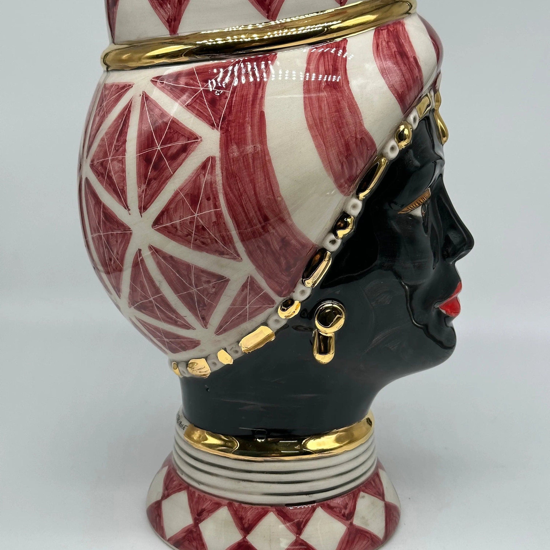 Teste di Moro Token Ceramica Caltagirone cm H.31 L.18 Artigianale Bianco Bordeaux Oro DD CERAMICHE SICILIANE