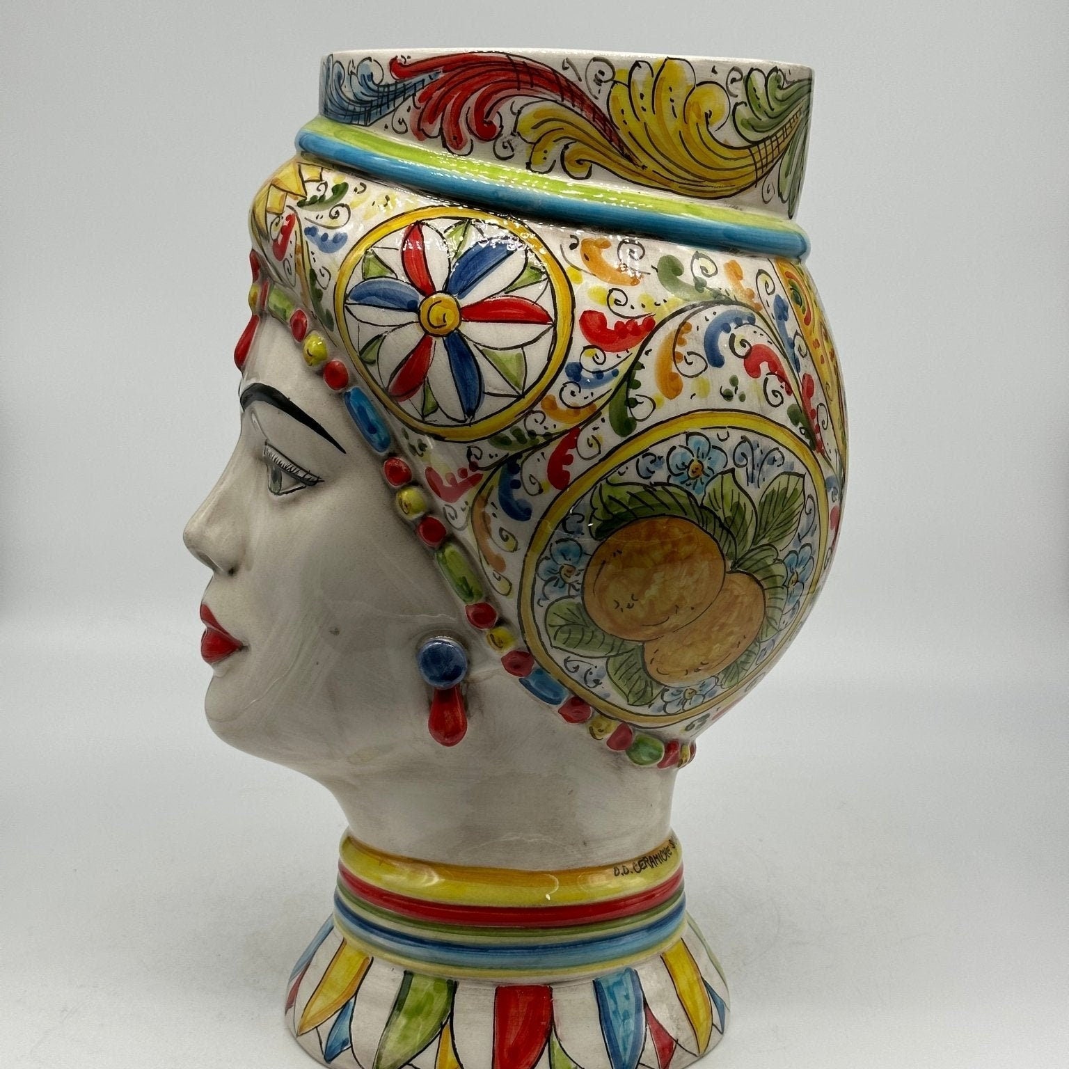 Teste di Moro Token Ceramica Caltagirone cm H.31 L.18 Artigianale Decoro “Carretto” - DD CERAMICHE SICILIANE