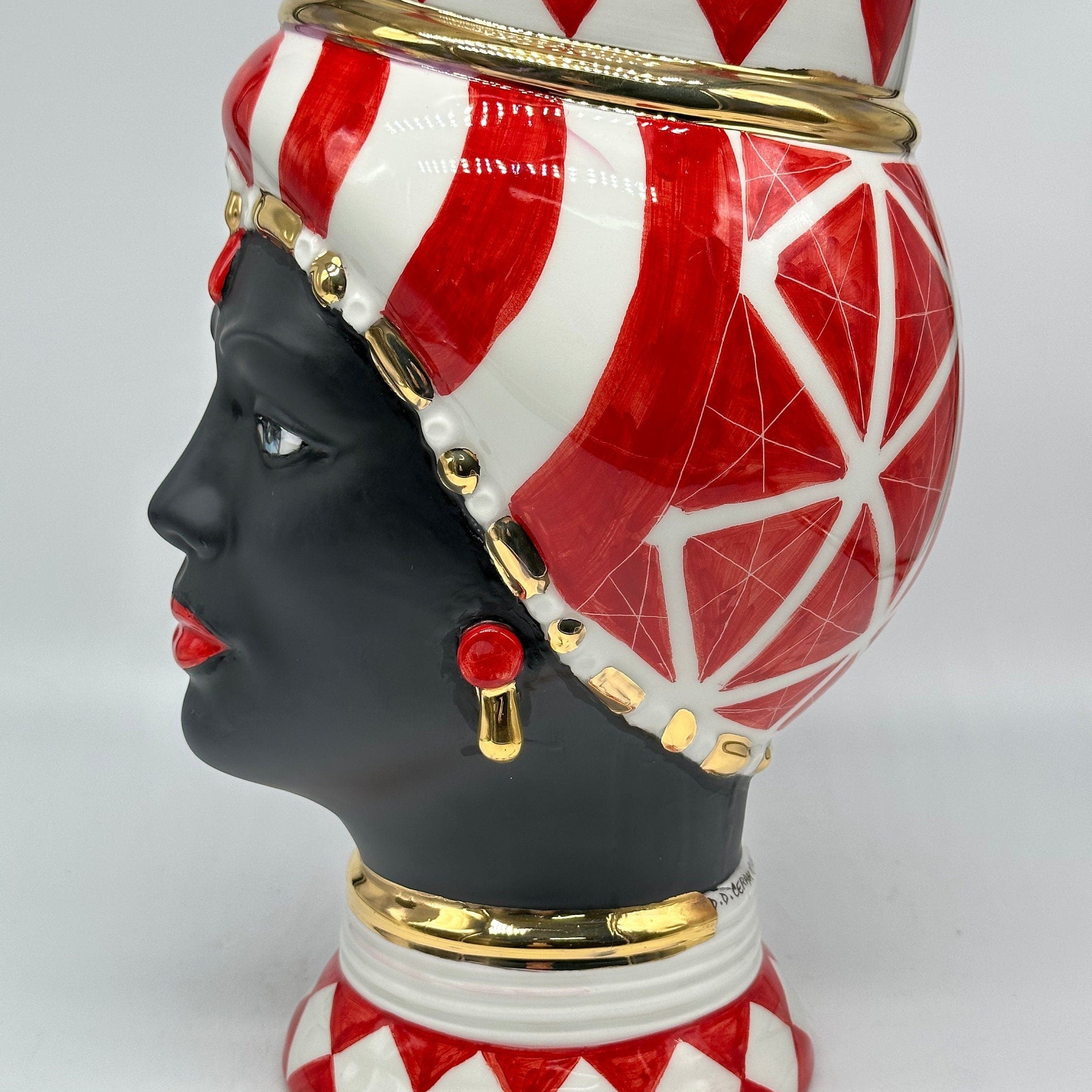 Teste di Moro Token Ceramica Caltagirone cm H.31 L.18 Artigianale Rosso Bianco Oro DD CERAMICHE SICILIANE