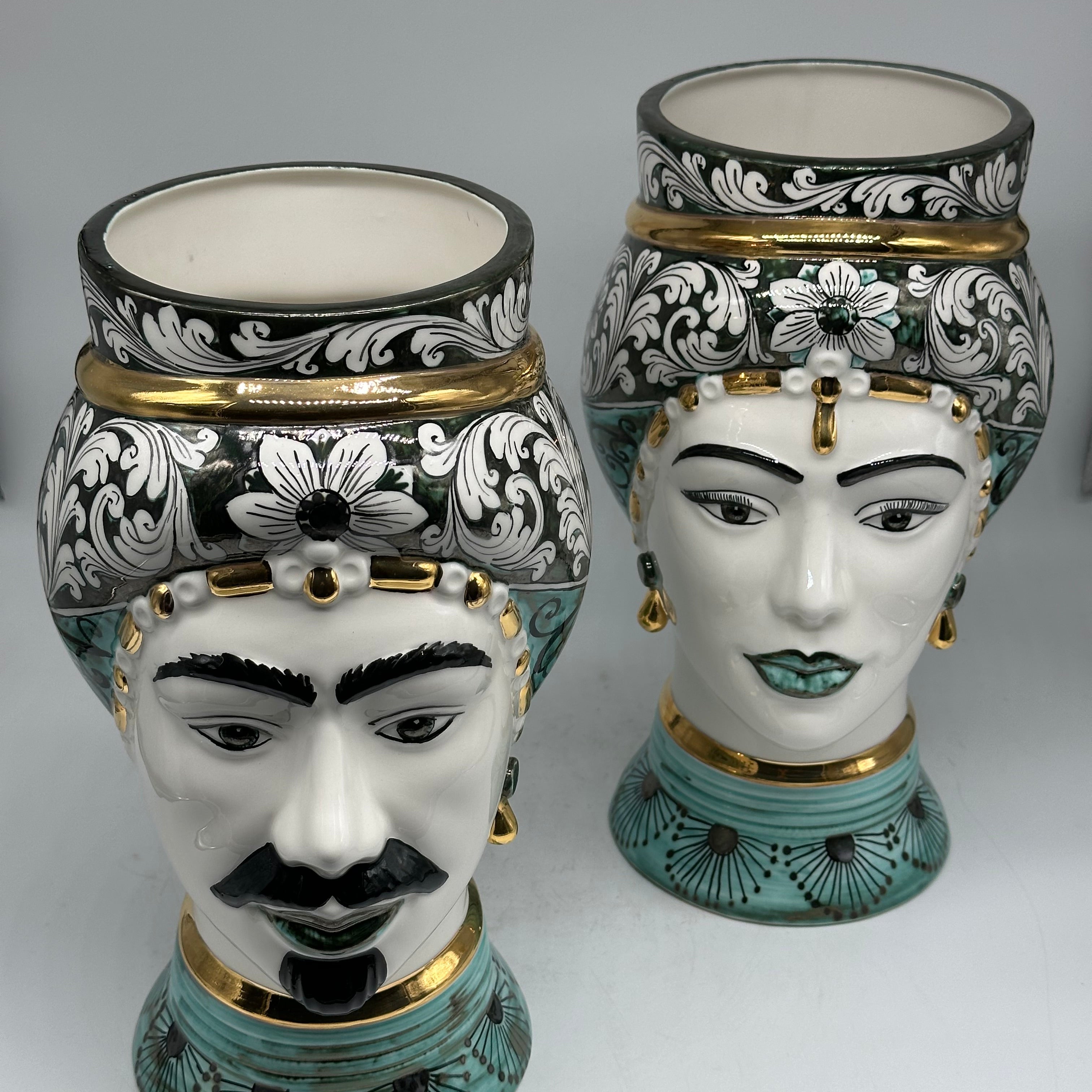 Teste di Moro Token Ceramica Caltagirone cm H.31 L.18 Artigianale Toni Verde Oro